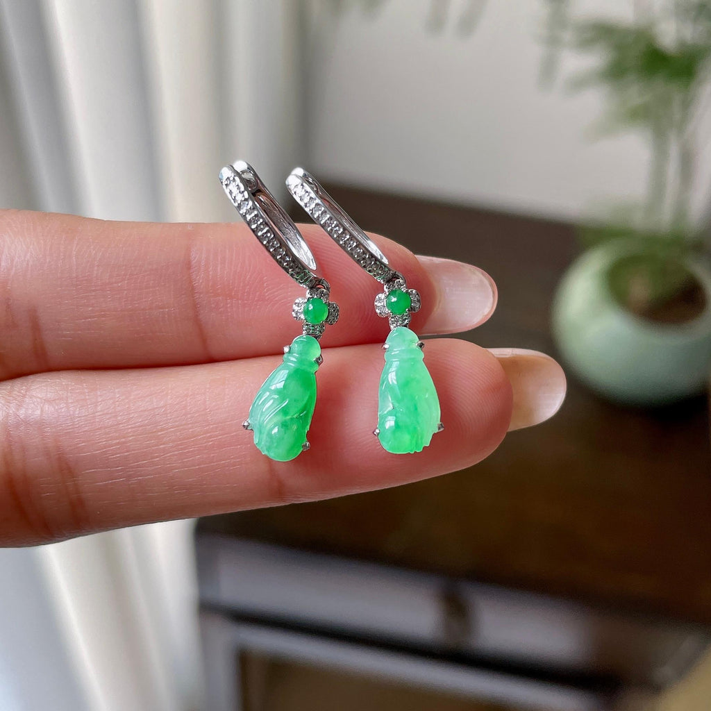 18k金钻心糯冰种翠绿玉兰花耳坠（yc301014）