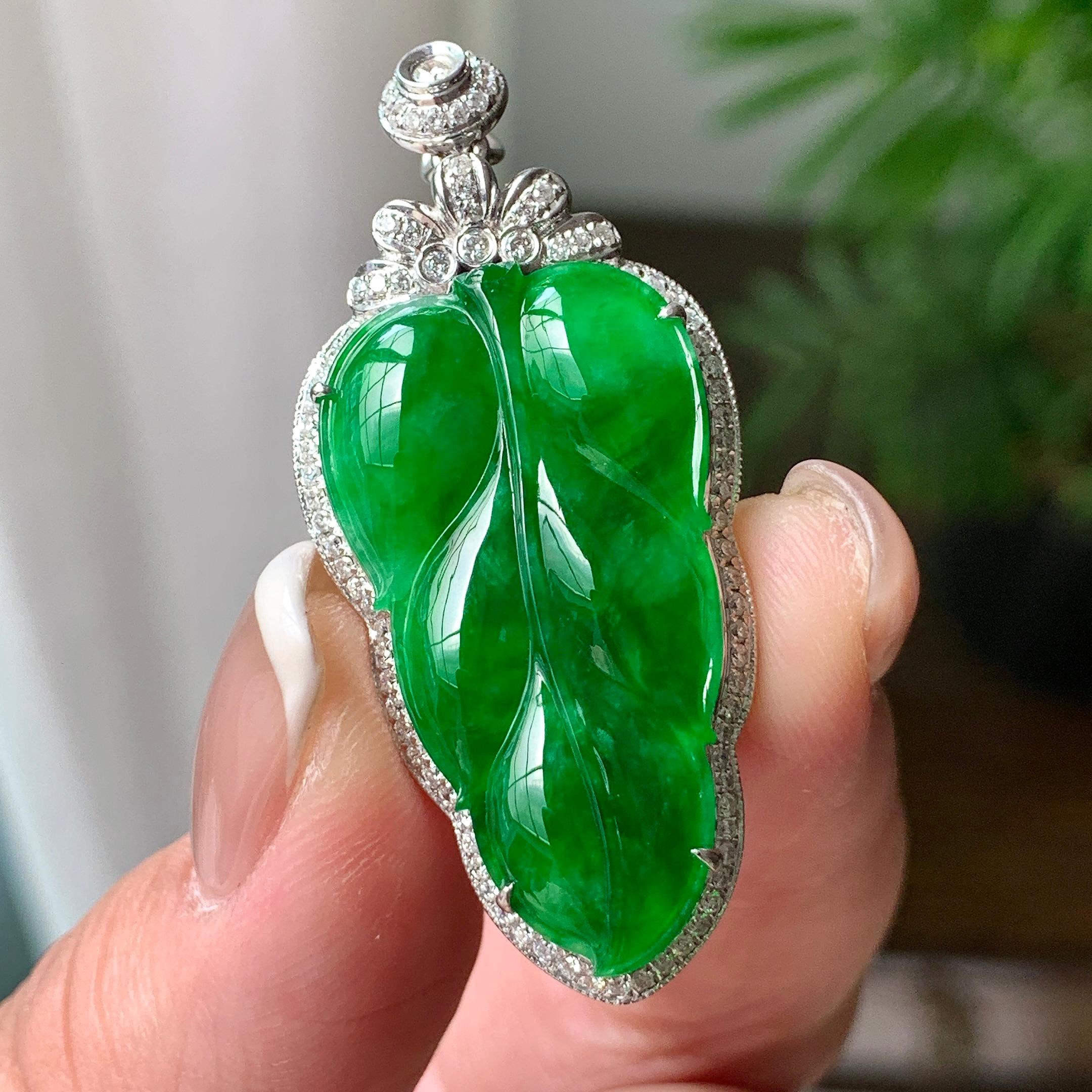 18K金钻镶糯冰种满绿叶子吊坠  天然缅甸A货翡翠（yc362095）