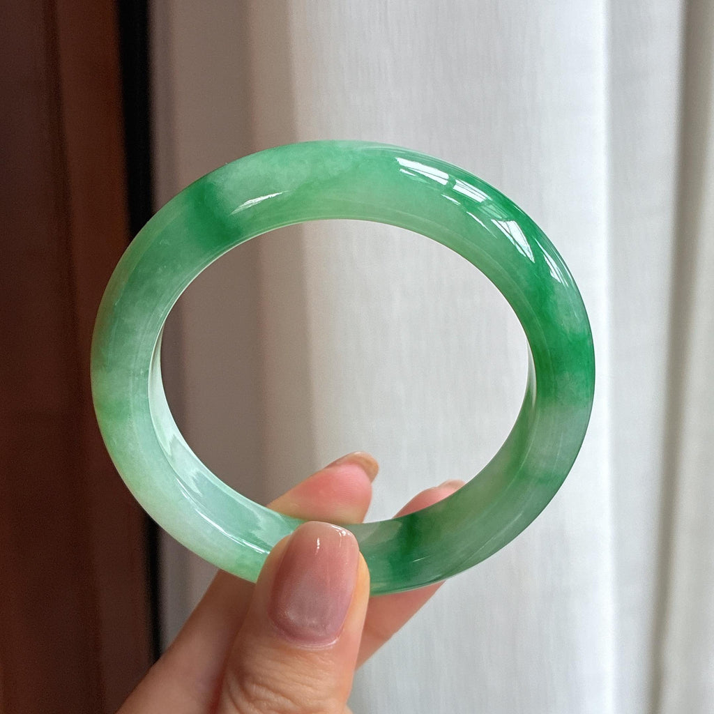 糯冰带色翡翠平安镯 54圈天然缅甸A货翡翠（yc440012）