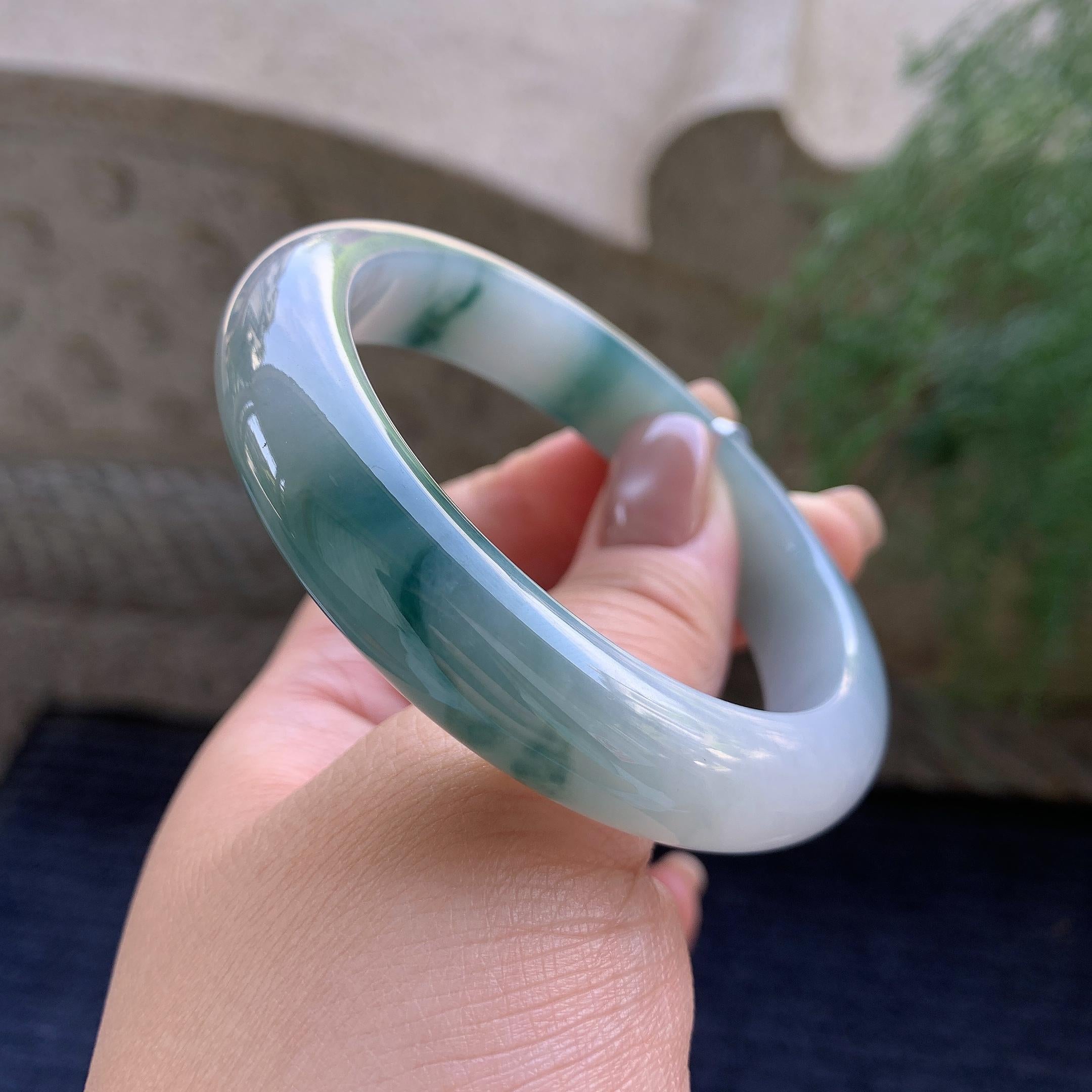 细糯种飘蓝花正圈平安镯  57.6圈口 天然缅甸A货翡翠（yc400192）