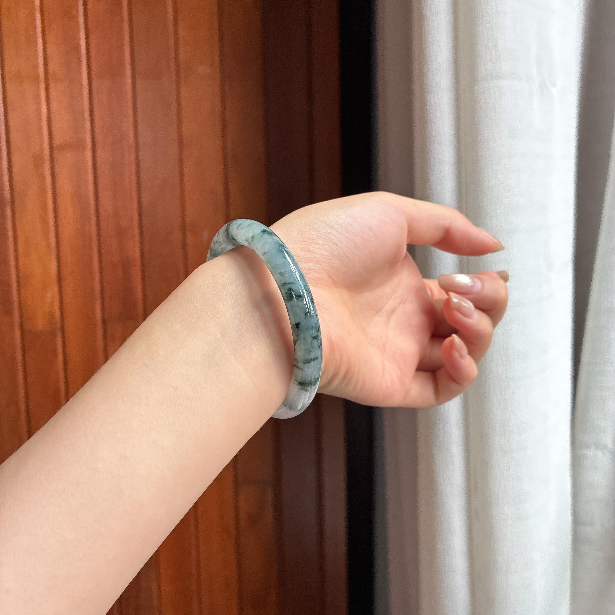 细糯种飘花圆条手镯 52圈 天然缅甸A货翡翠（yc454463）