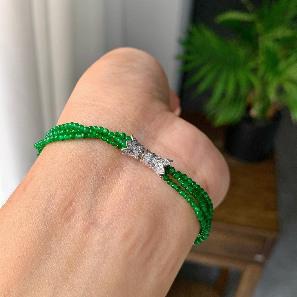 18k金钻镶糯冰种满绿小米珠手链（yc198901）