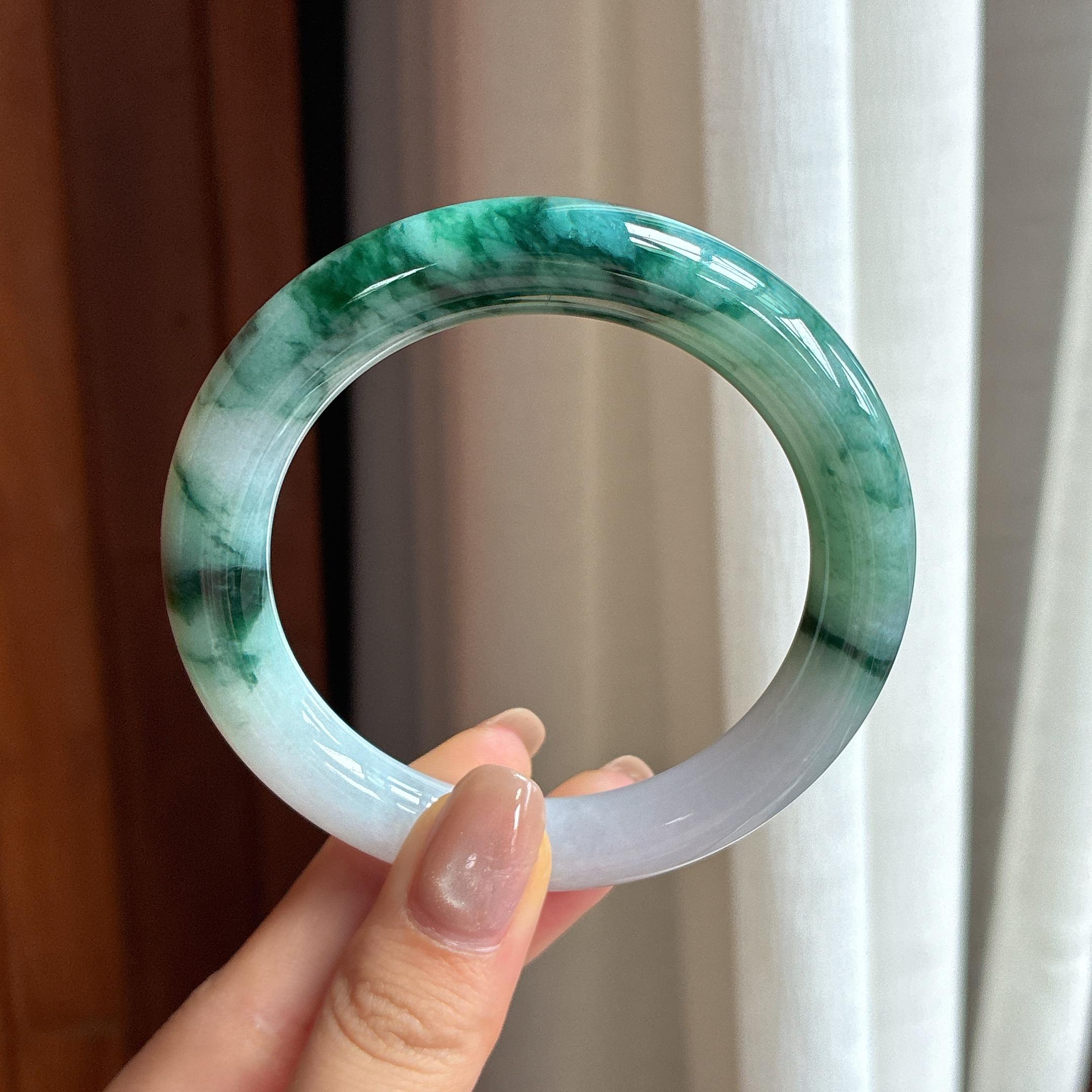 糯种飘花翡翠圆条手镯 56圈天然缅甸A货翡翠（yc438206）
