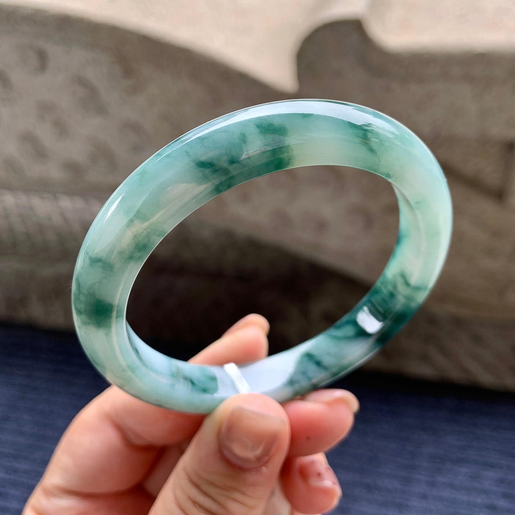细糯种飘蓝花正圈平安镯 57圈口 天然缅甸A货翡翠（yc345011）