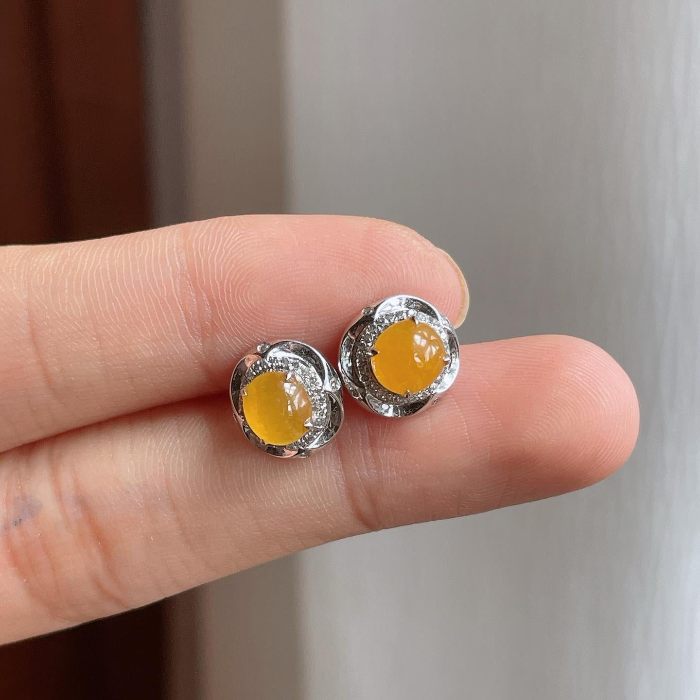 18k金钻镶糯冰黄翡翡翠耳钉（yc257282）