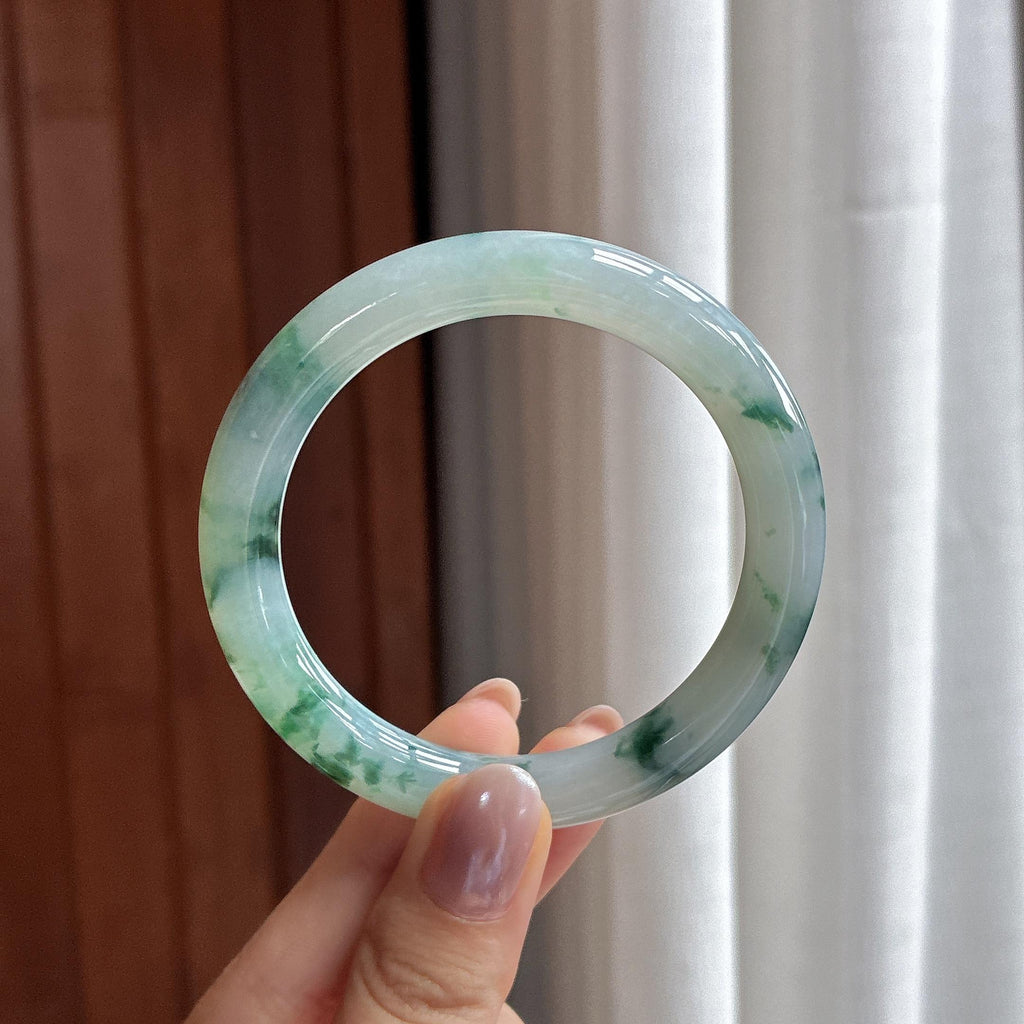糯冰飘花圆条手镯 53圈 天然缅甸A货翡翠（yc497825）