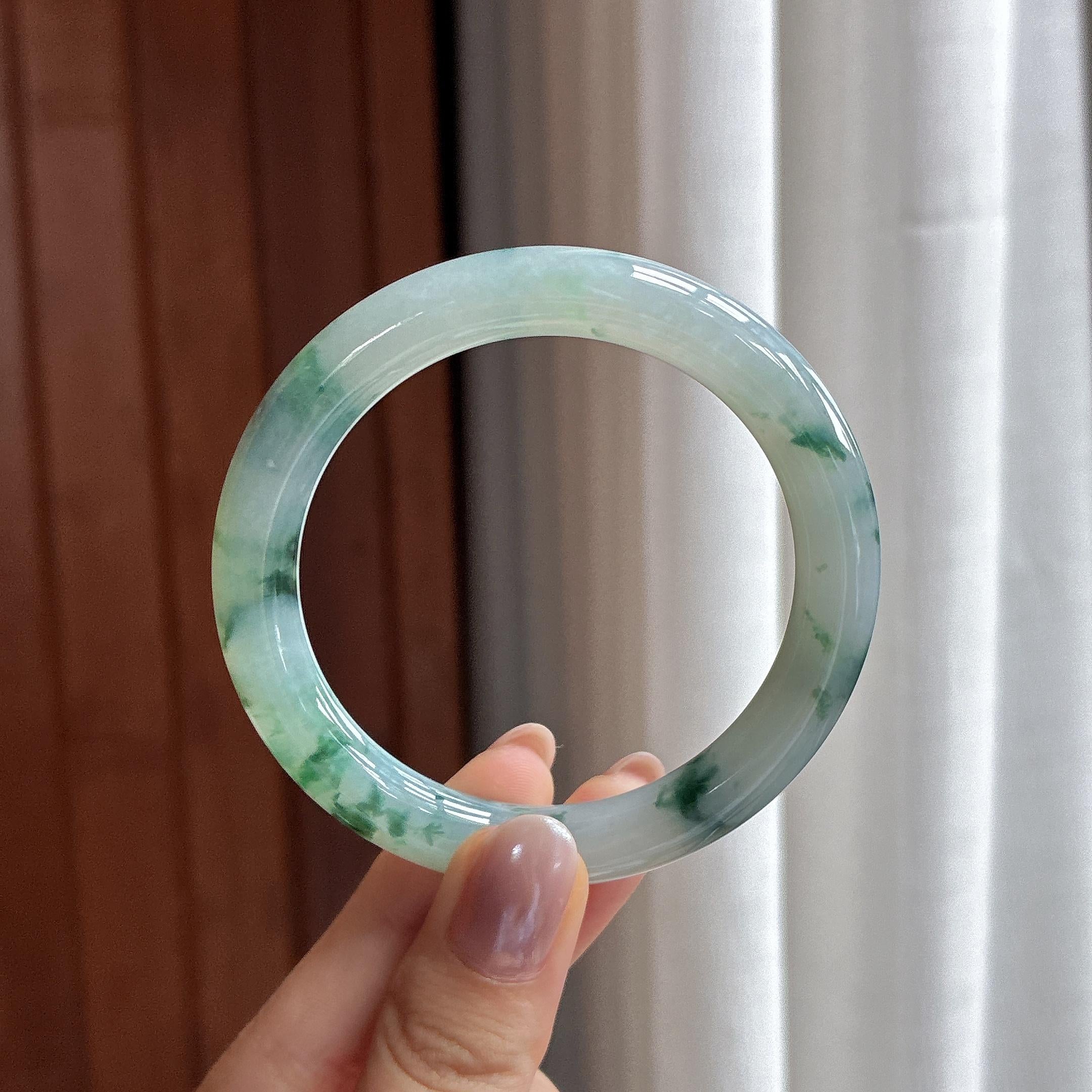 糯冰飘花圆条手镯 53圈 天然缅甸A货翡翠（yc497825）