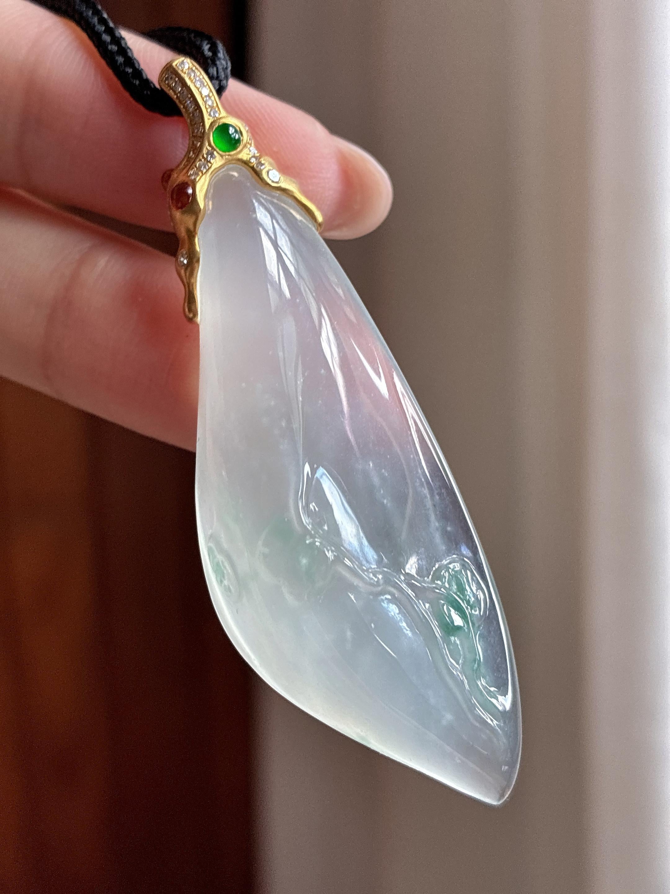 18K金扣头冰种飘花随型吊坠 天然缅甸A货翡翠（yc525678）