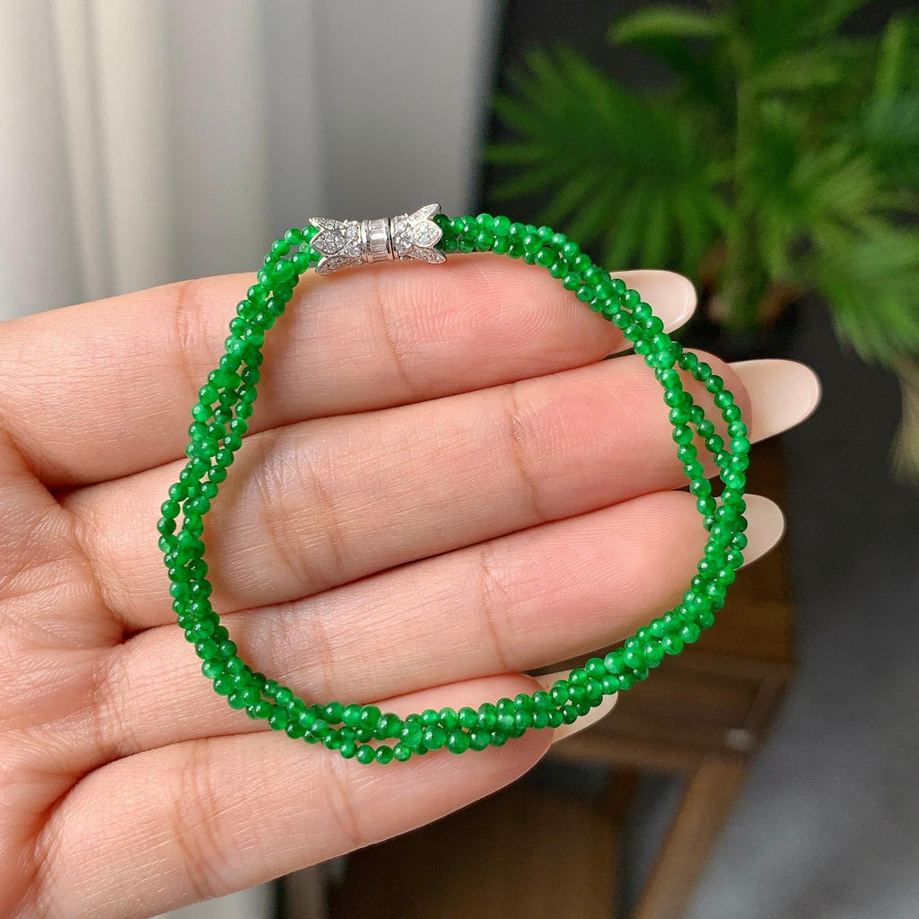 18k金钻镶糯冰种满绿小米珠手链（yc198901）