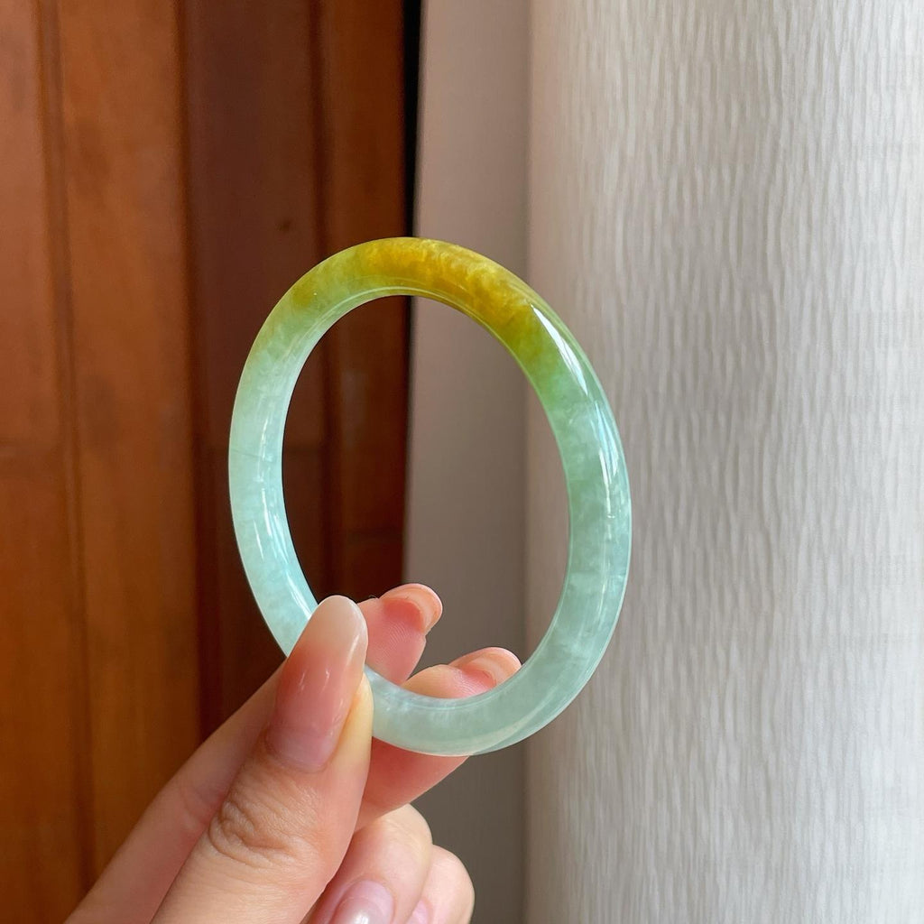 糯冰黄加绿翡翠圆条手镯（52mm)（yc365769）