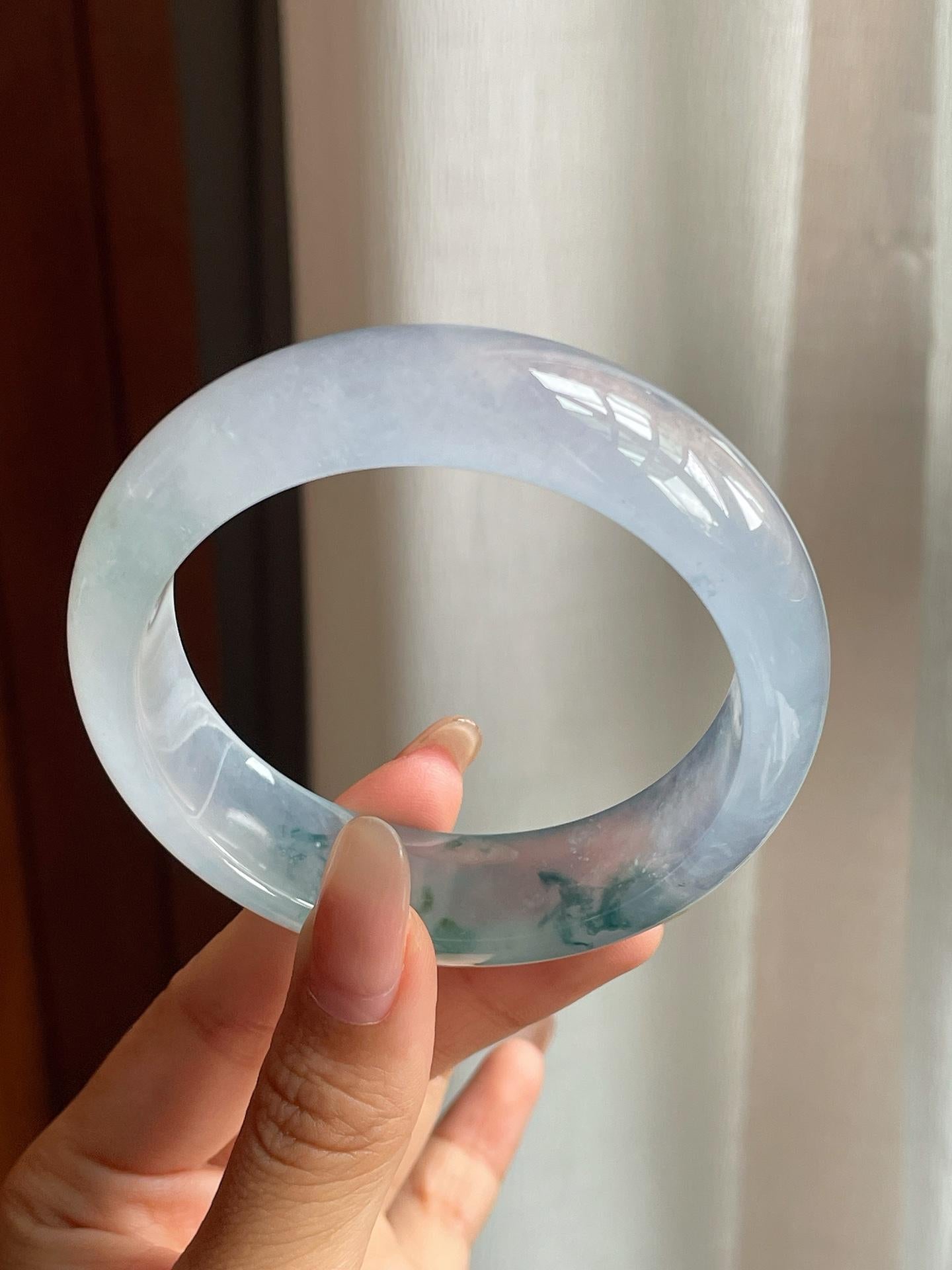 冰玻种淡紫底飘花翡翠宽版平安镯（58mm）（yc200661）
