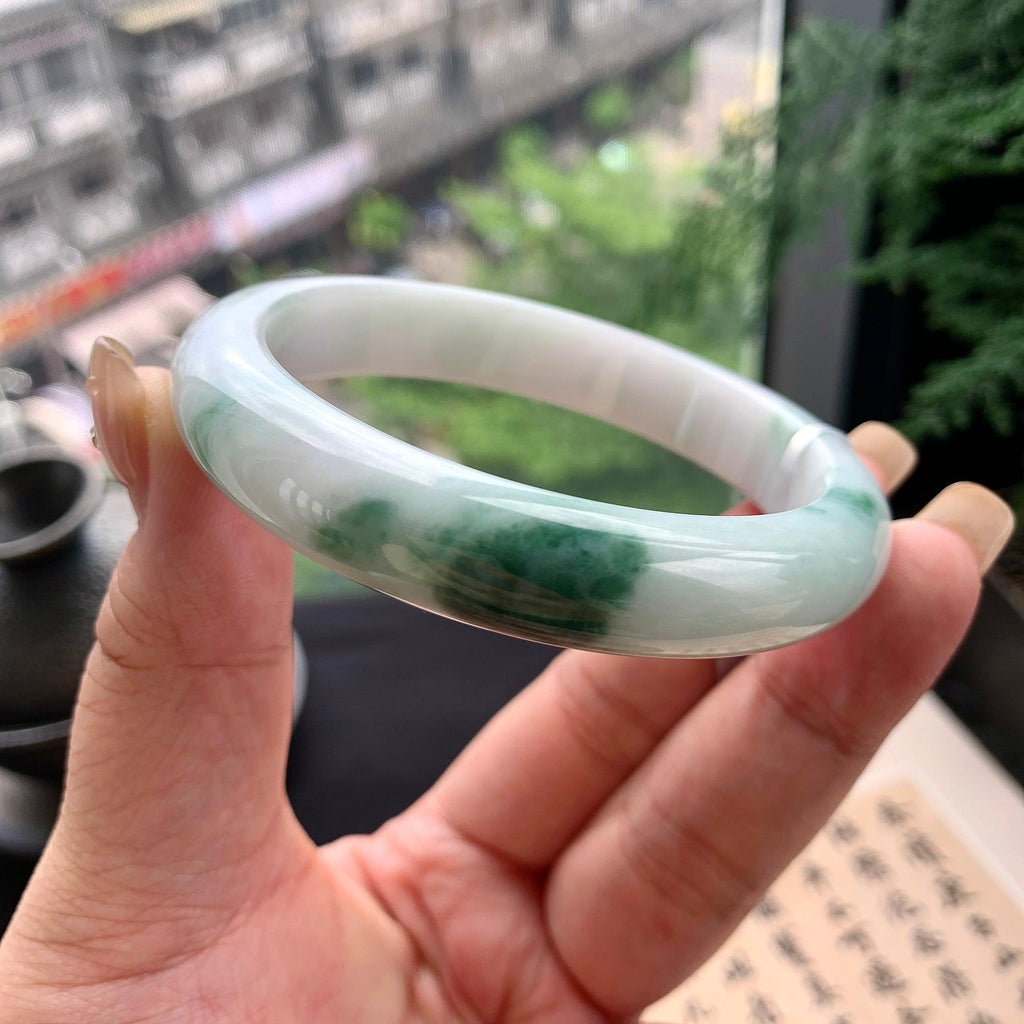 大圈口 细糯种飘绿花正圈平安镯 59圈口 天然缅甸A货翡翠（yc477608）
