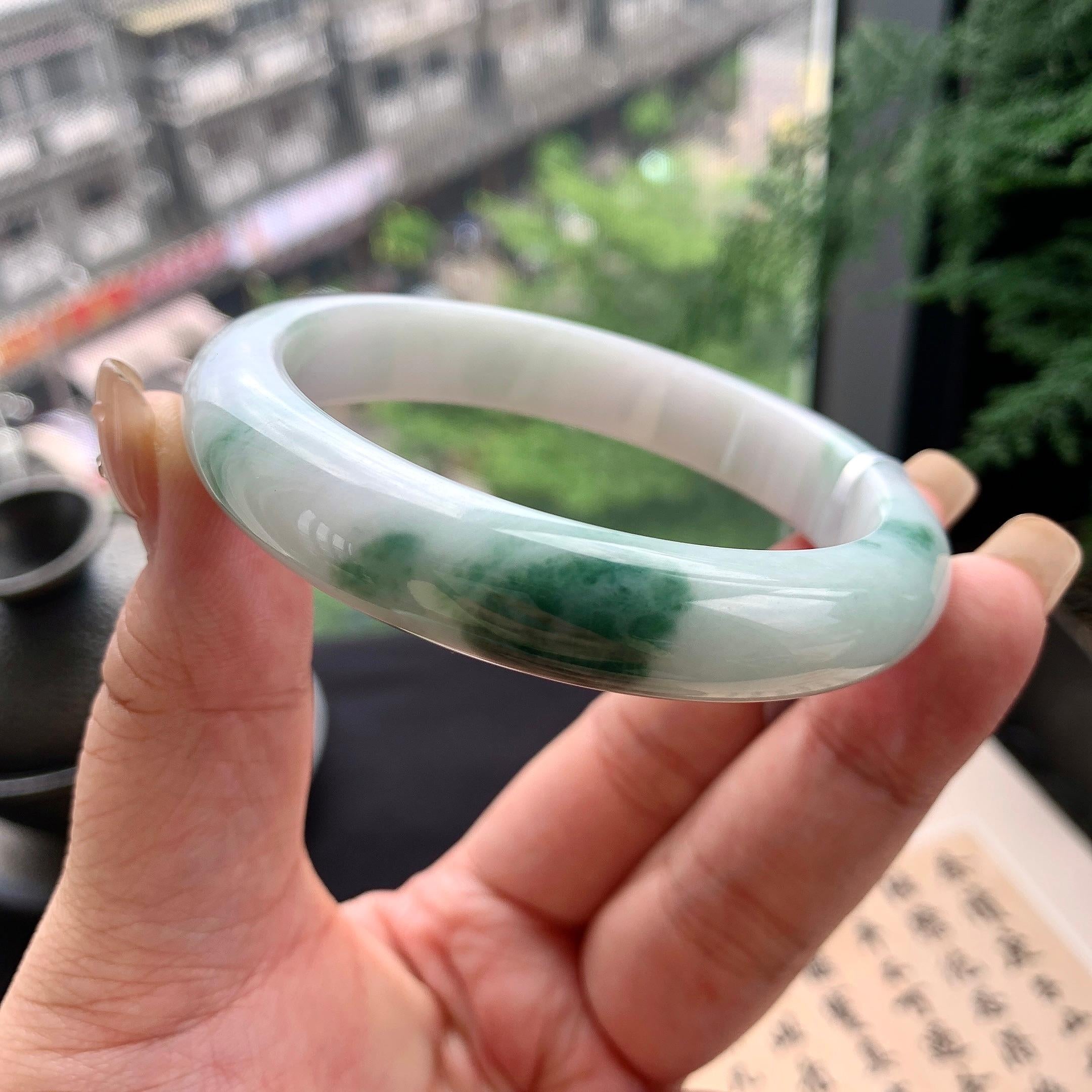 大圈口 细糯种飘绿花正圈平安镯 59圈口 天然缅甸A货翡翠（yc477608）