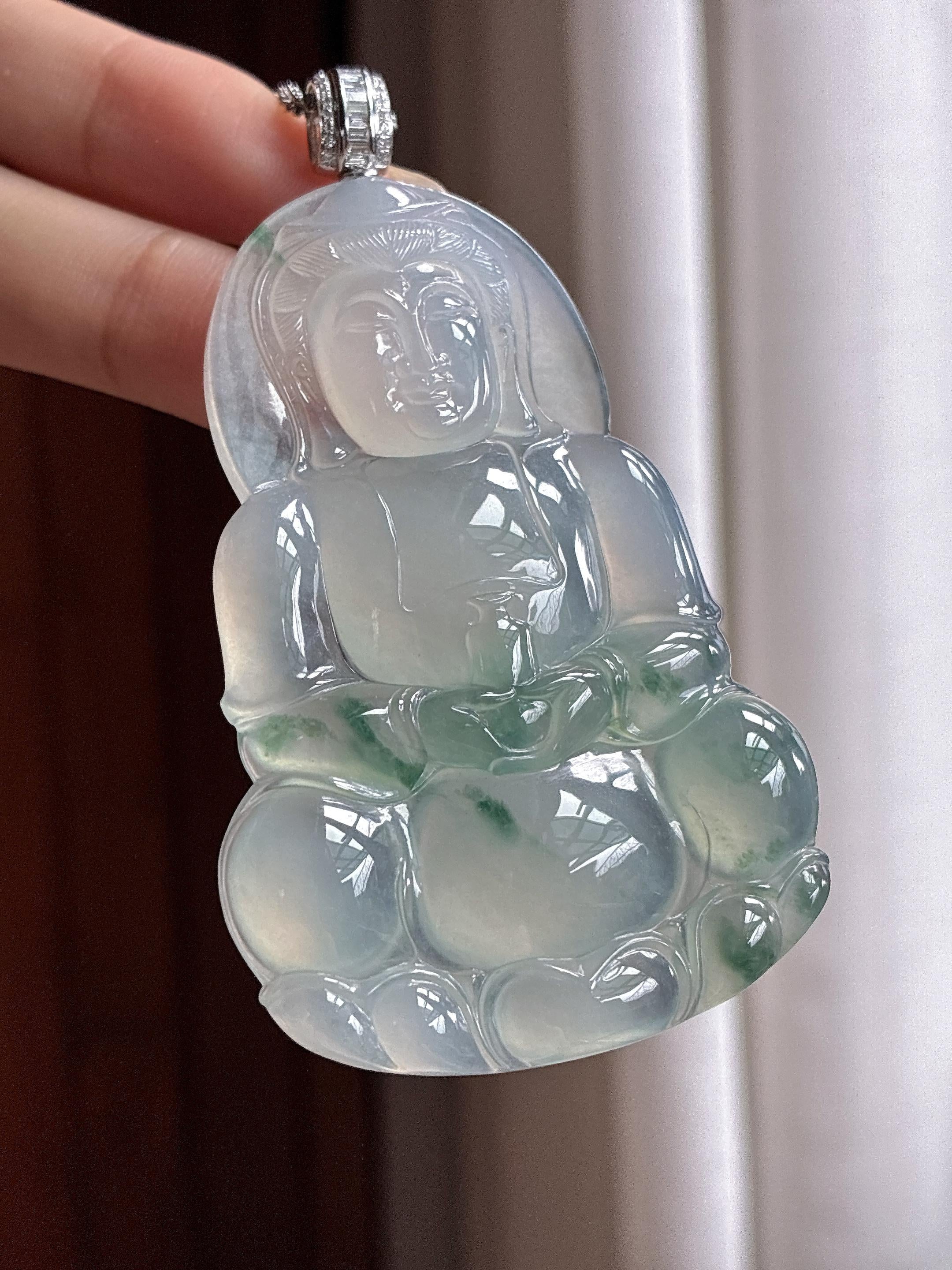 18k金扣头冰种飘花观音挂件 天然缅甸A货翡翠（yc466339）
