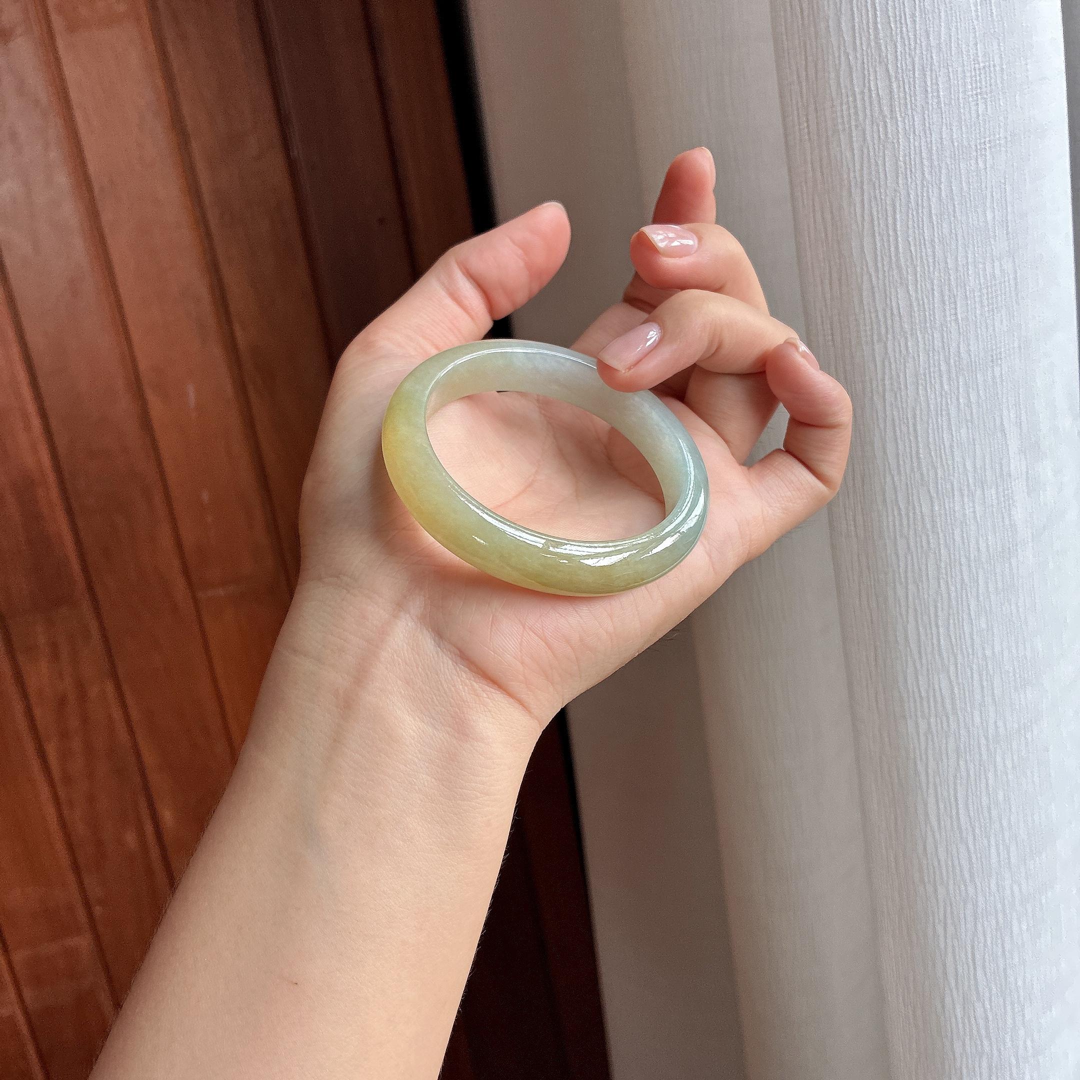 小圈口 糯冰种黄翡正圈平安镯 52圈 天然缅甸A货翡翠（yc469602）