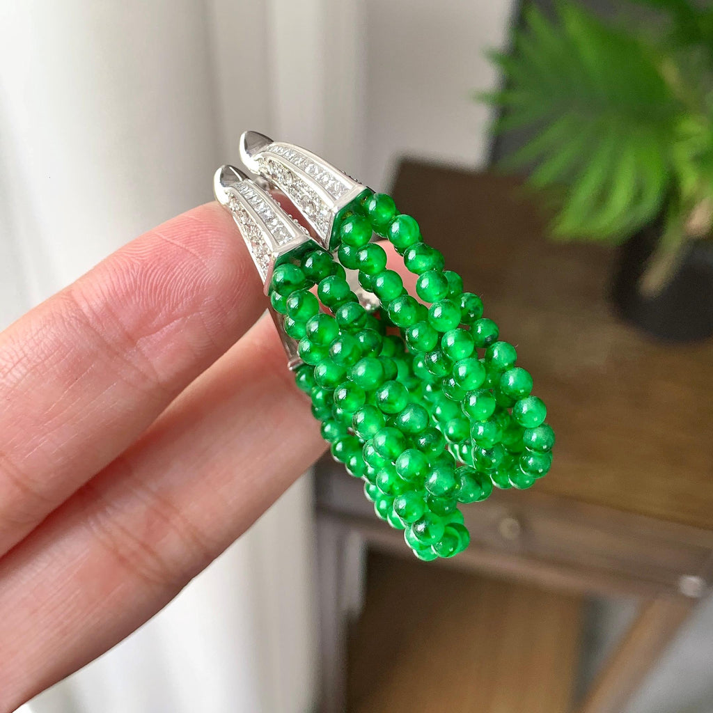 18K金钻镶糯冰种满绿小米珠耳坠（yc248205）