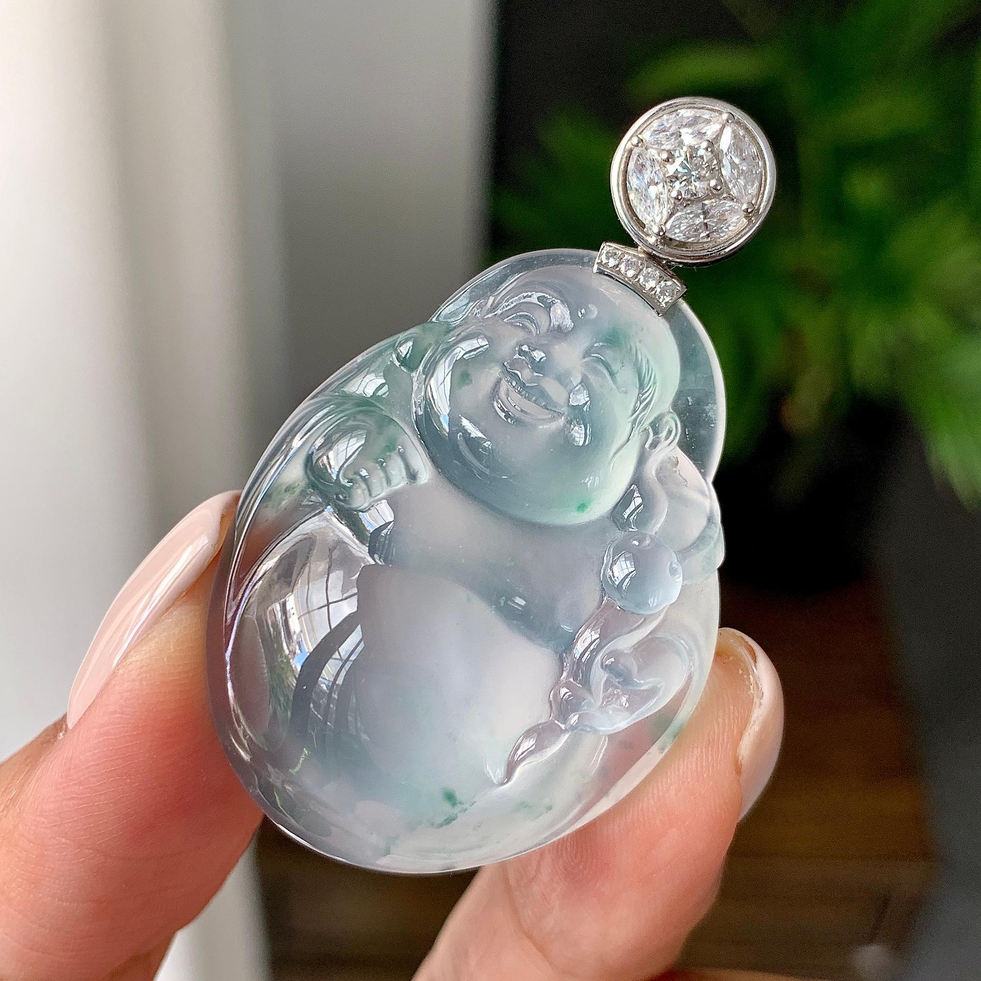 18k金钻镶冰种飘花佛公挂件（yc214654）