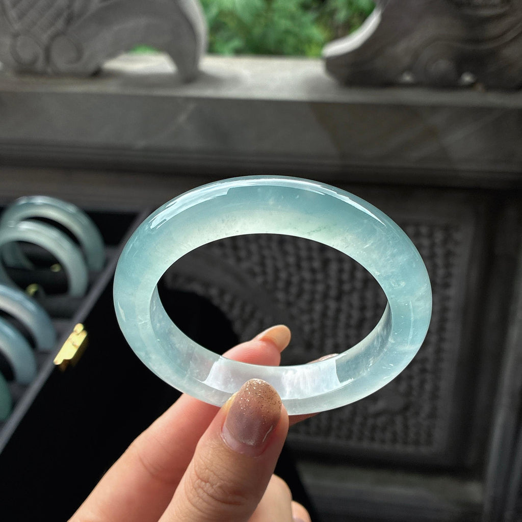 高冰种起光晴底雪花棉正圈平安镯 54圈 天然缅甸A货翡翠（yc454013）