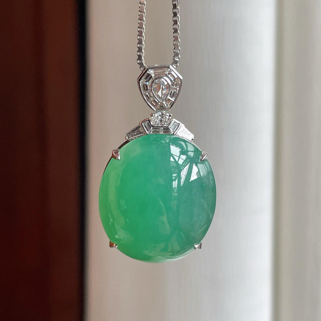 18k金钻镶糯冰晴底翡翠蛋面吊坠（yc261419）