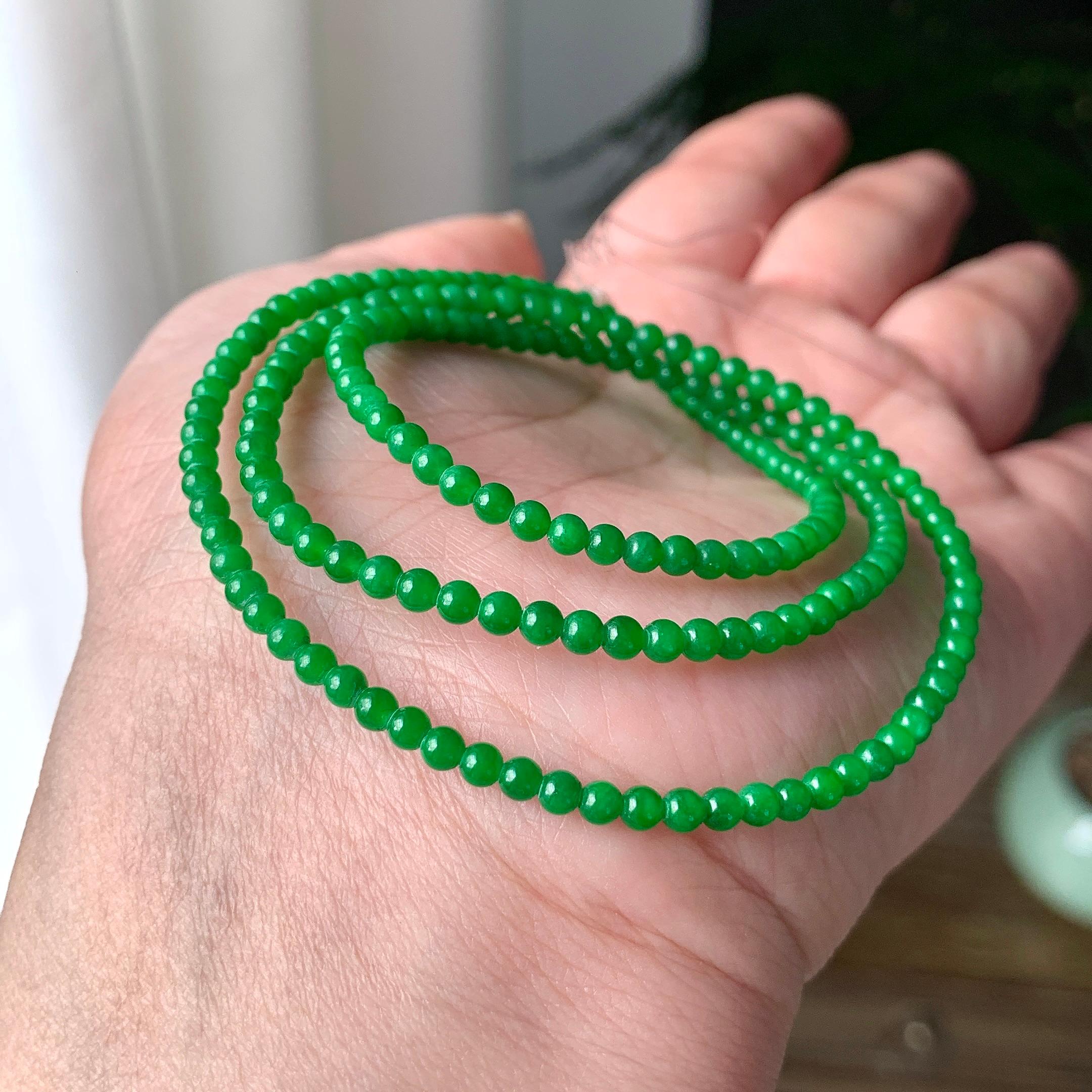 糯冰种阳绿小米珠链（186颗） 天然缅甸A货翡翠（yc355303）