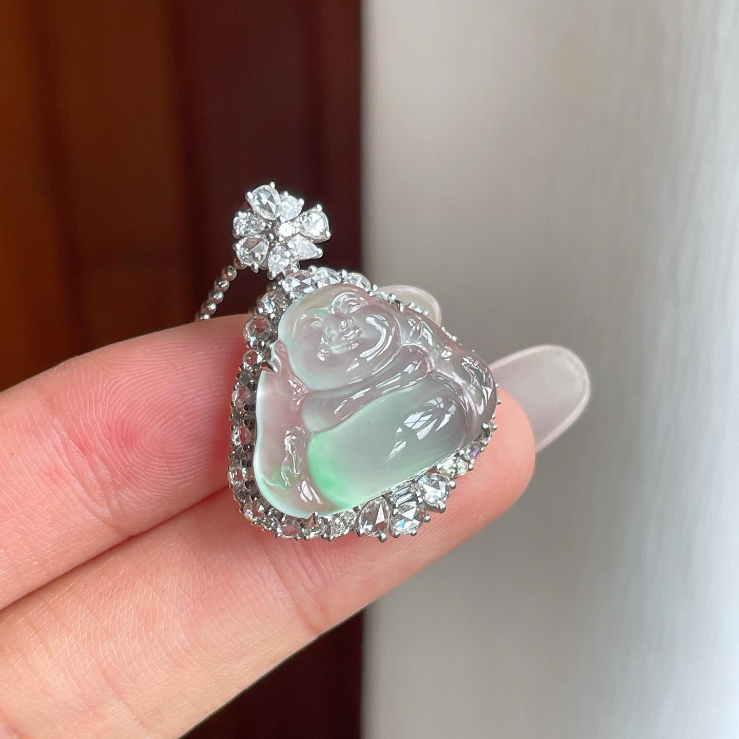 18k金钻镶冰玻种飘花翡翠佛公（yc263553）