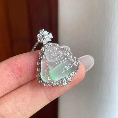 18k金钻镶冰玻种飘花翡翠佛公（yc263553）
