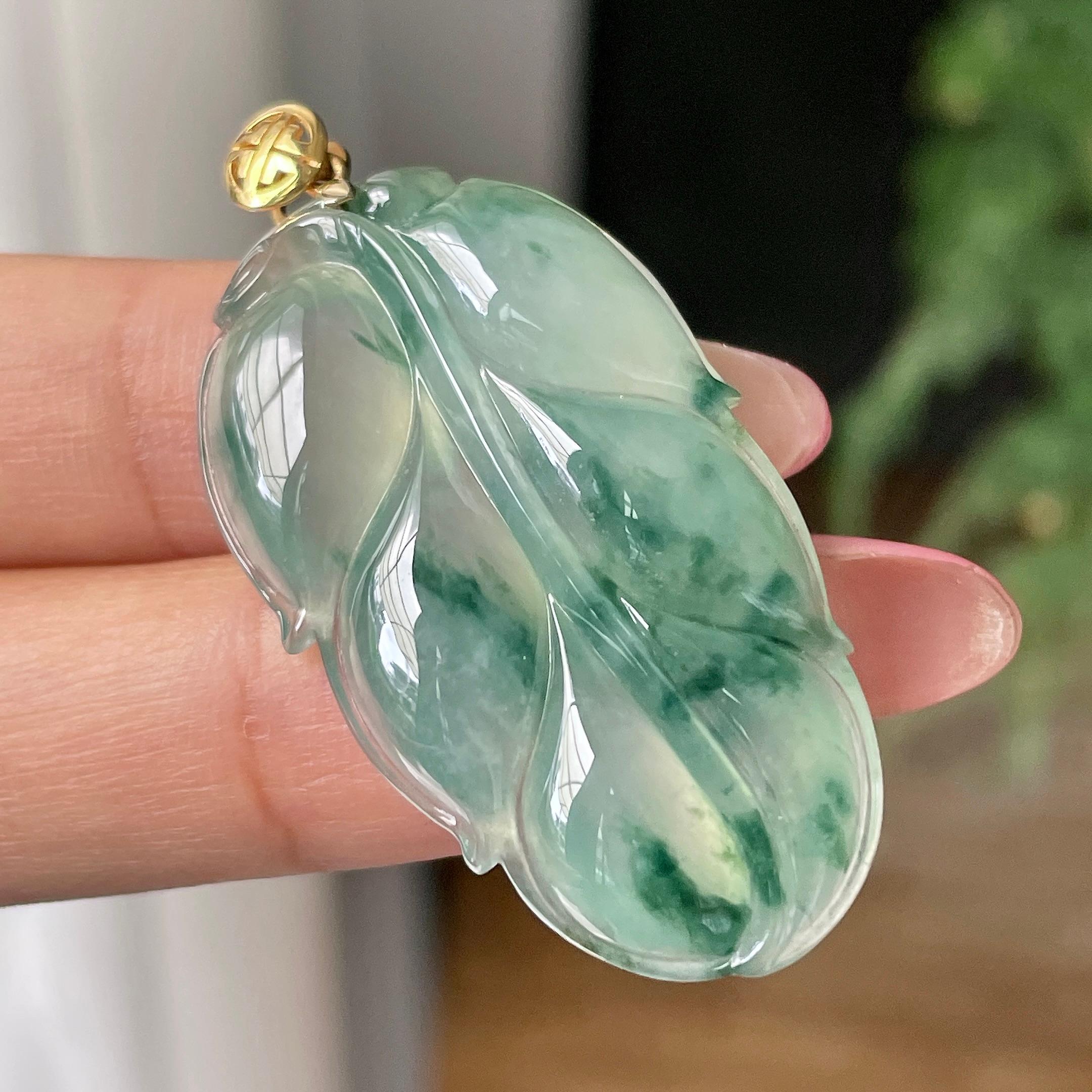 18k金镶糯冰种飘花叶子吊坠      天然缅甸A货翡翠（yc430740）