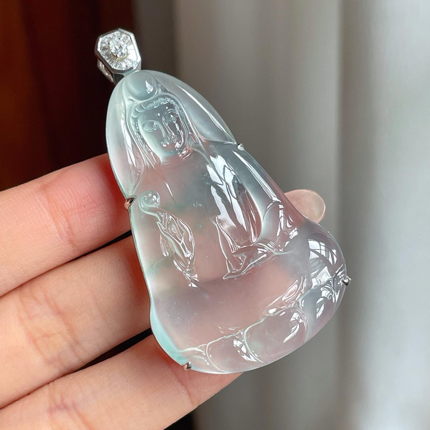 18k金钻镶冰玻种晴底飘花翡翠观音挂件（yc190960）