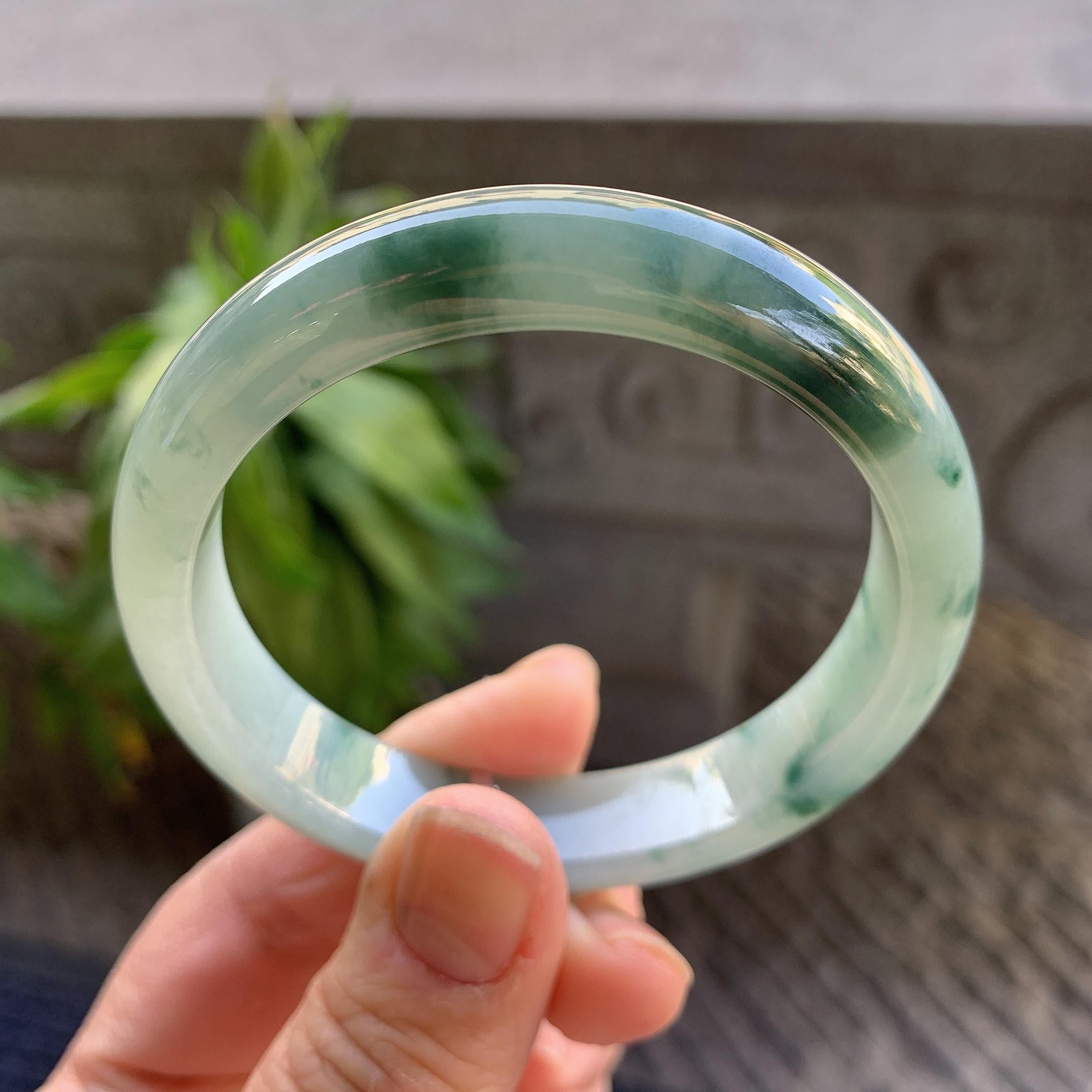 细糯种飘绿花正圈平安镯54.4圈口 天然缅甸A货翡翠（yc330287）