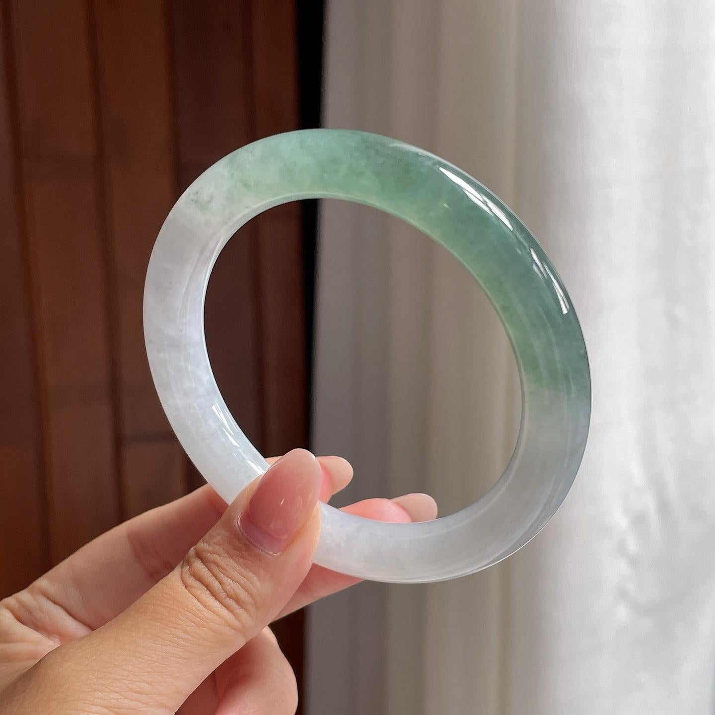 糯冰半山半水圆条手镯 57圈 天然缅甸A货翡翠（yc693818）