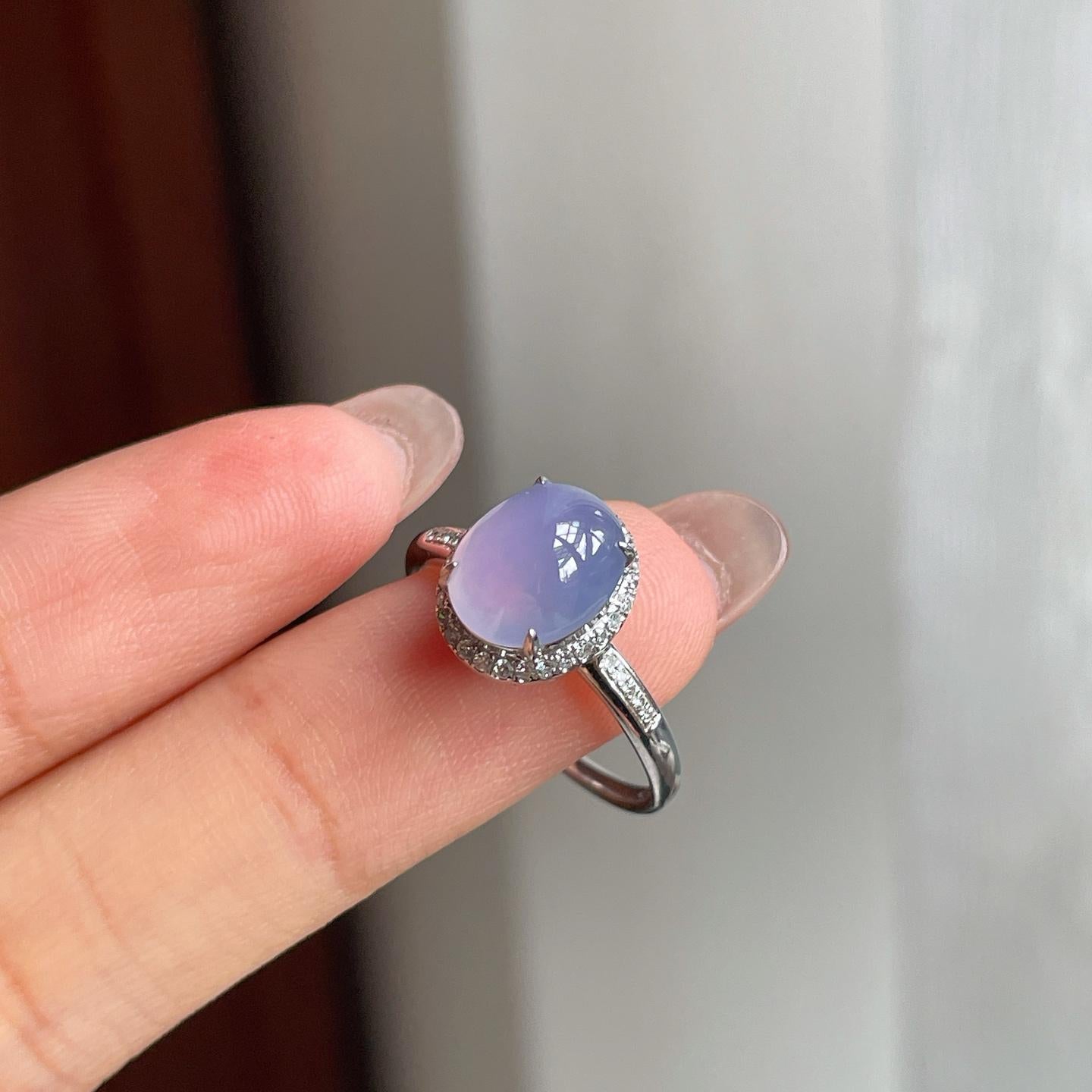 18k金钻镶冰种紫罗兰翡翠蛋面戒指（内径16.8）（yc183810）