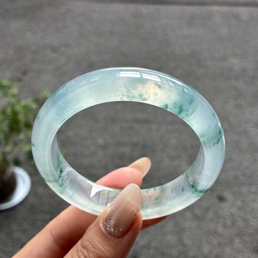 高冰种起光飘花正圈平安镯 56圈 天然缅甸翡翠Ａ货（yc487457）