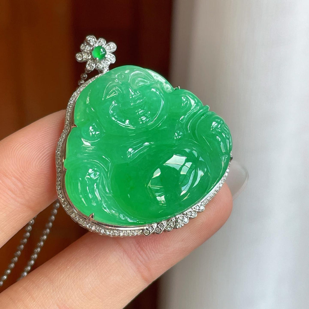 18k金钻镶糯冰满绿翡翠佛公（yc257861）