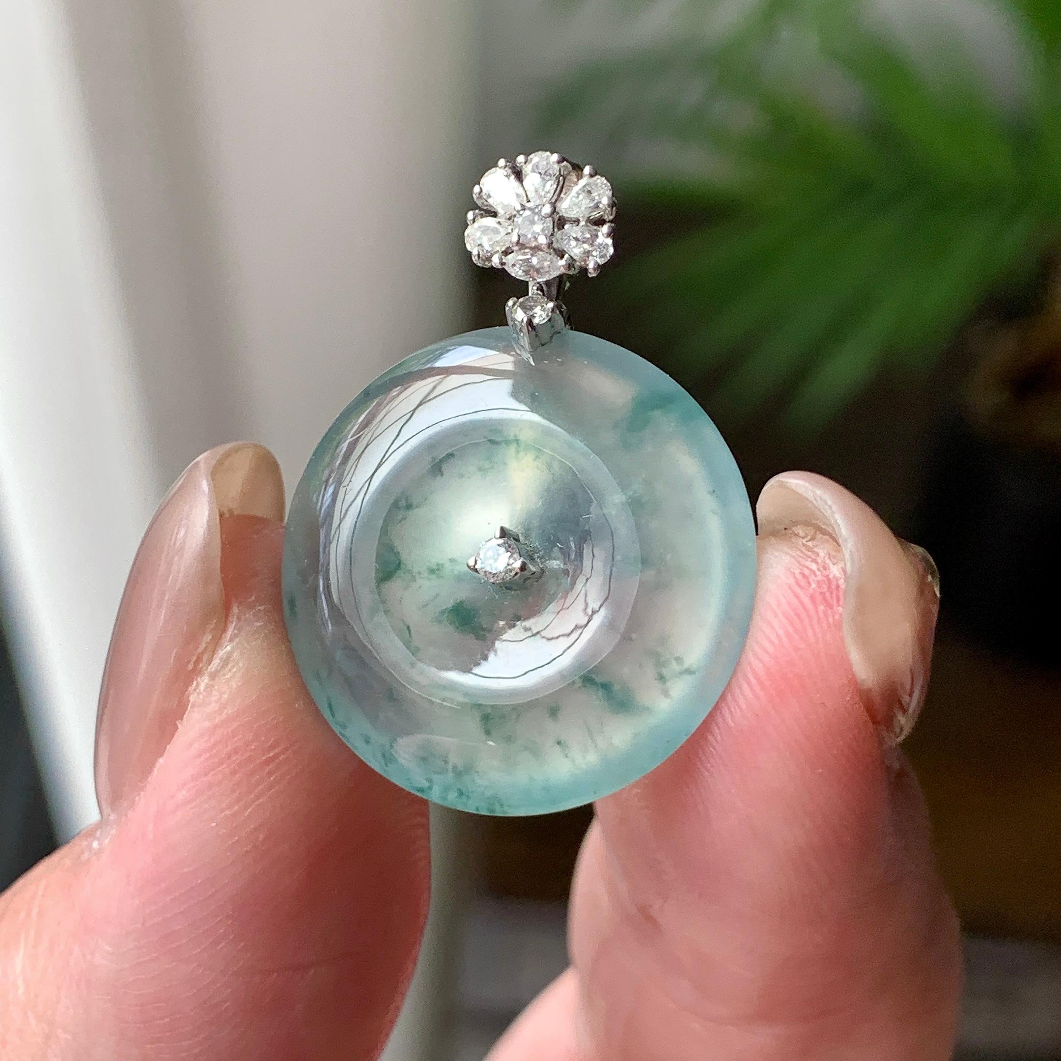 18K金钻镶冰种飘蓝花平安扣吊坠  天然缅甸A货翡翠（yc430737）