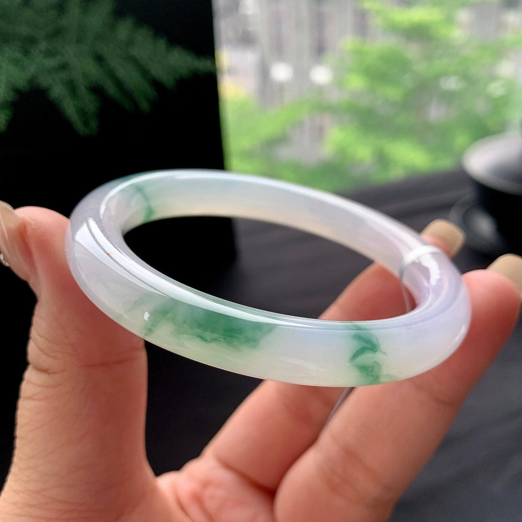 糯冰种飘绿花圆条手镯 53.4圈口 天然缅甸A货翡翠（yc473135）