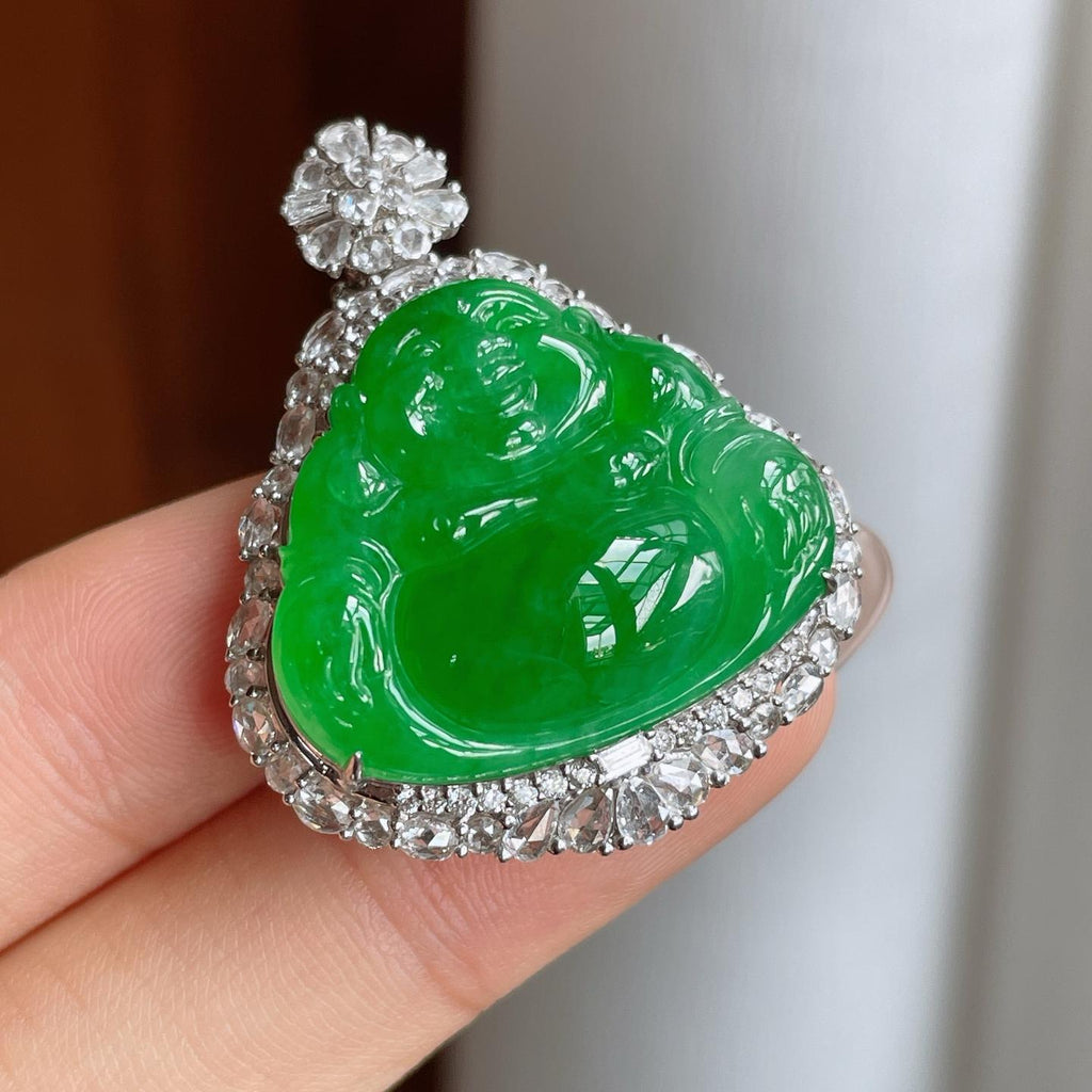 18k金镶糯冰满绿翡翠佛公（yc244909）