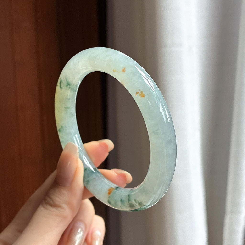糯冰飘花特色圆条手镯 54圈 天然缅甸A货翡翠（yc461201）