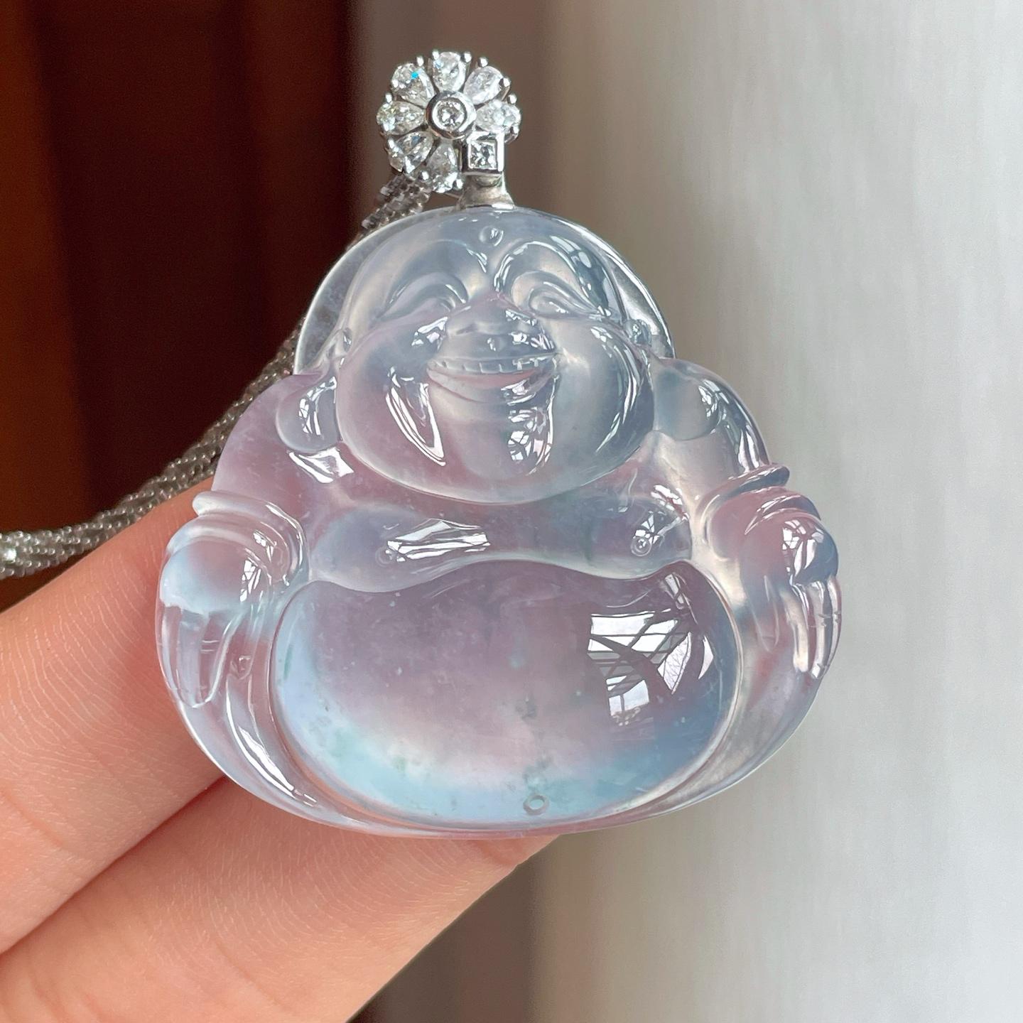 18k金扣冰玻种蓝底飘花翡翠佛公（yc248544）