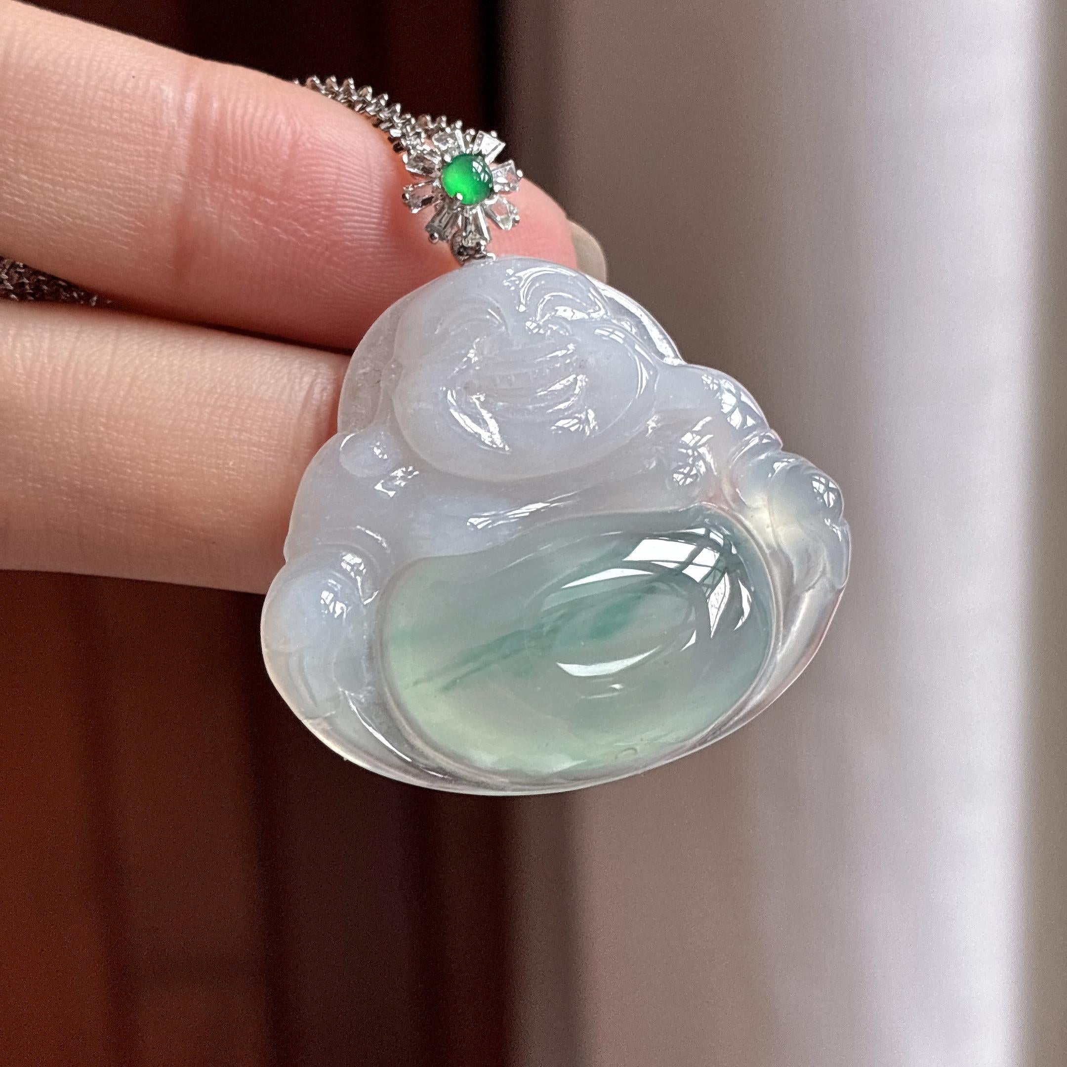 18k金扣头糯冰飘花玉佛挂件 天然缅甸A货翡翠（yc484027）