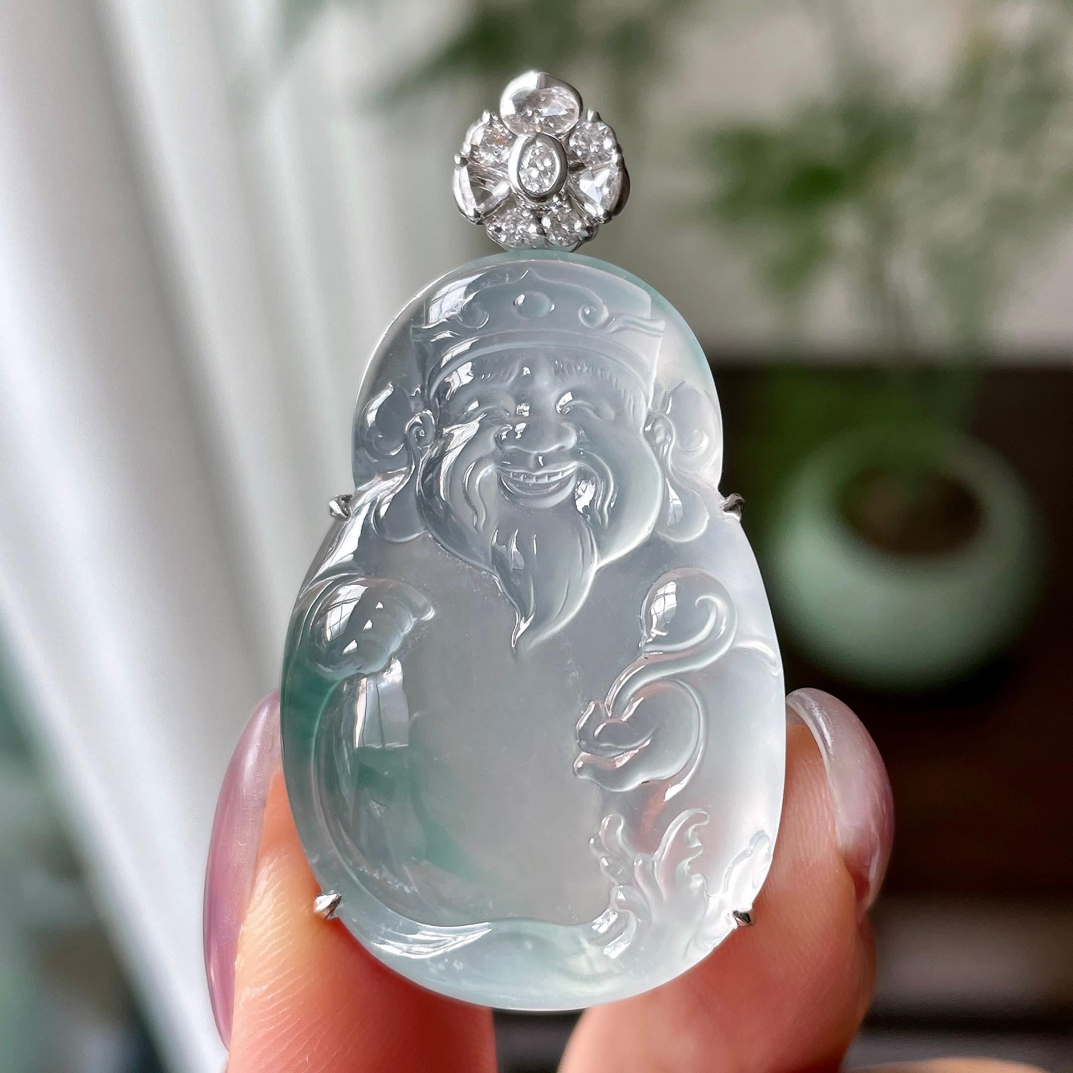18k金钻镶冰种飘蓝花财神吊坠   天然缅甸A货翡翠（yc321389）