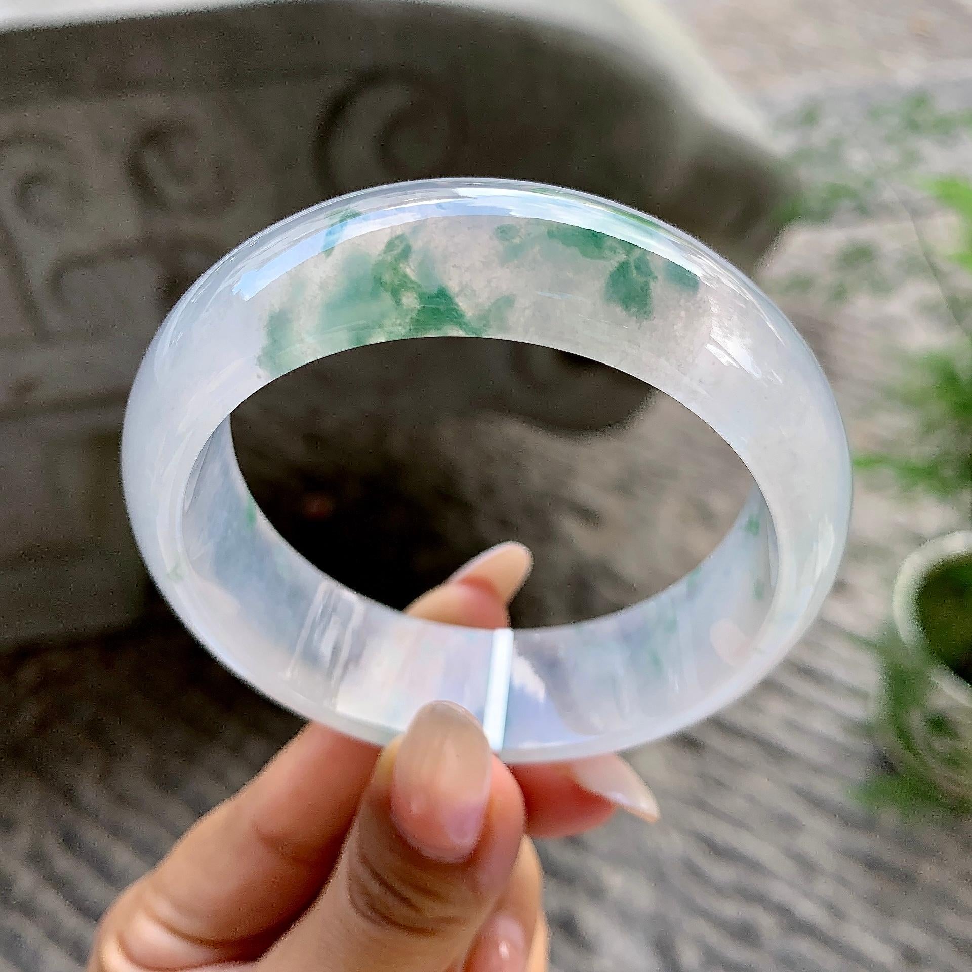 糯冰种飘花宽版轮胎手镯（58.7mm）（yc202334）