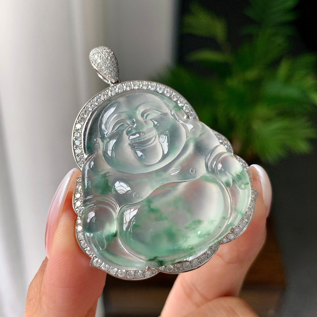 18k金钻镶冰种飘花佛公挂件（yc182089）