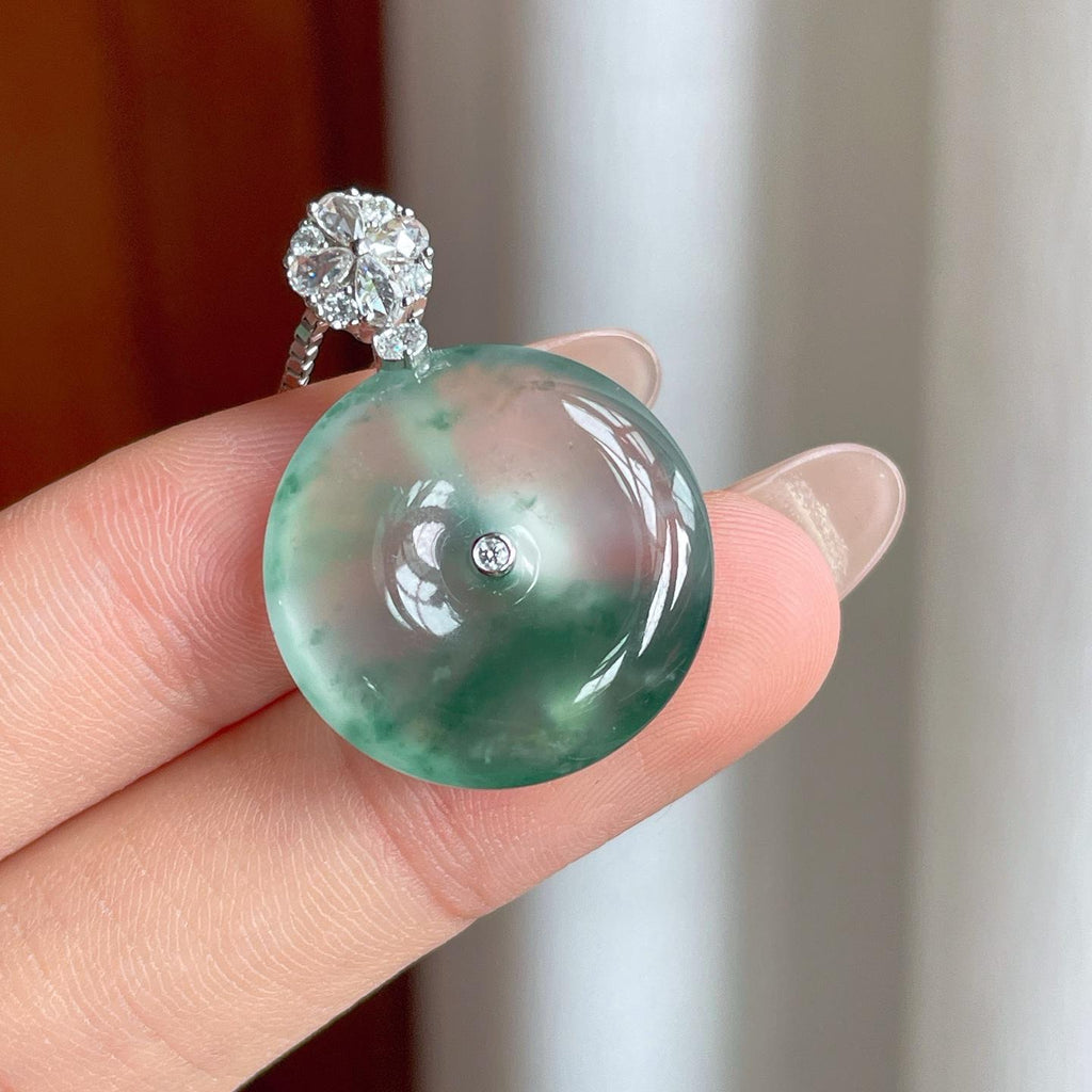 18k金镶冰种飘花翡翠平安扣（yc239690）