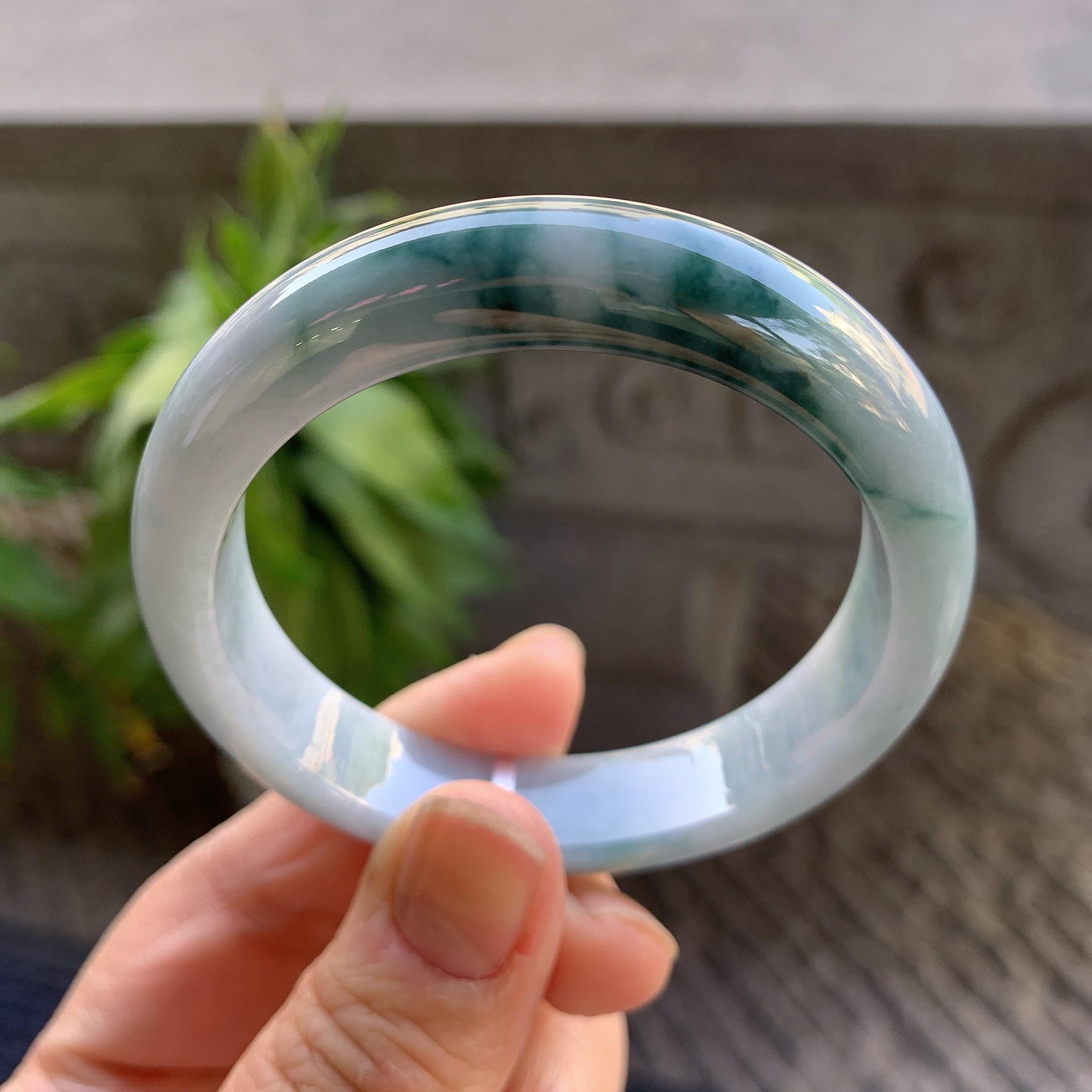 小圈口 细糯种飘蓝花正圈平安镯52.3圈口 天然缅甸A货翡翠（yc330299）
