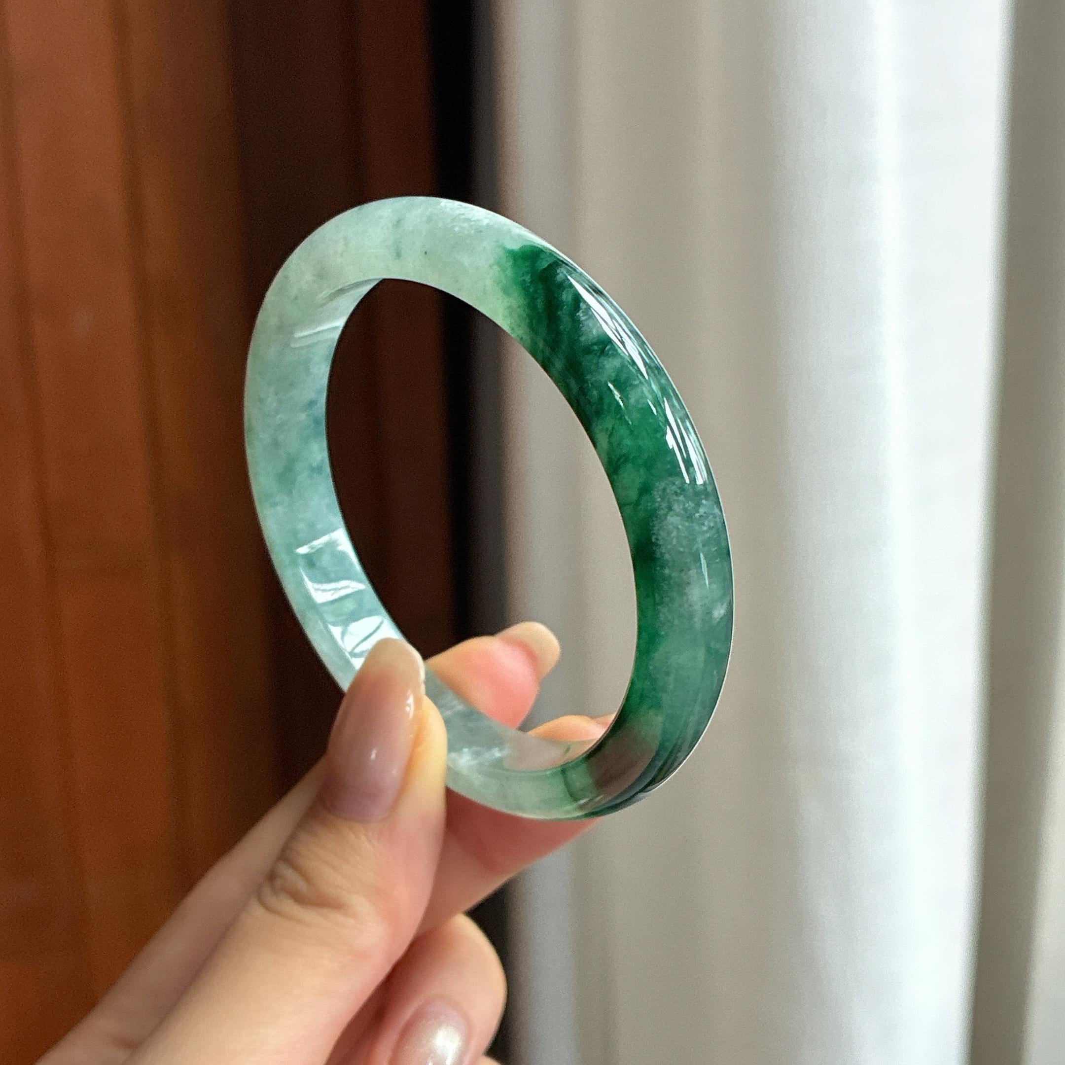 Vòng tay tròn bình an bằng ngọc phỉ thúy Myanmar tự nhiên loại A, màu hoa băng, kích thước 54