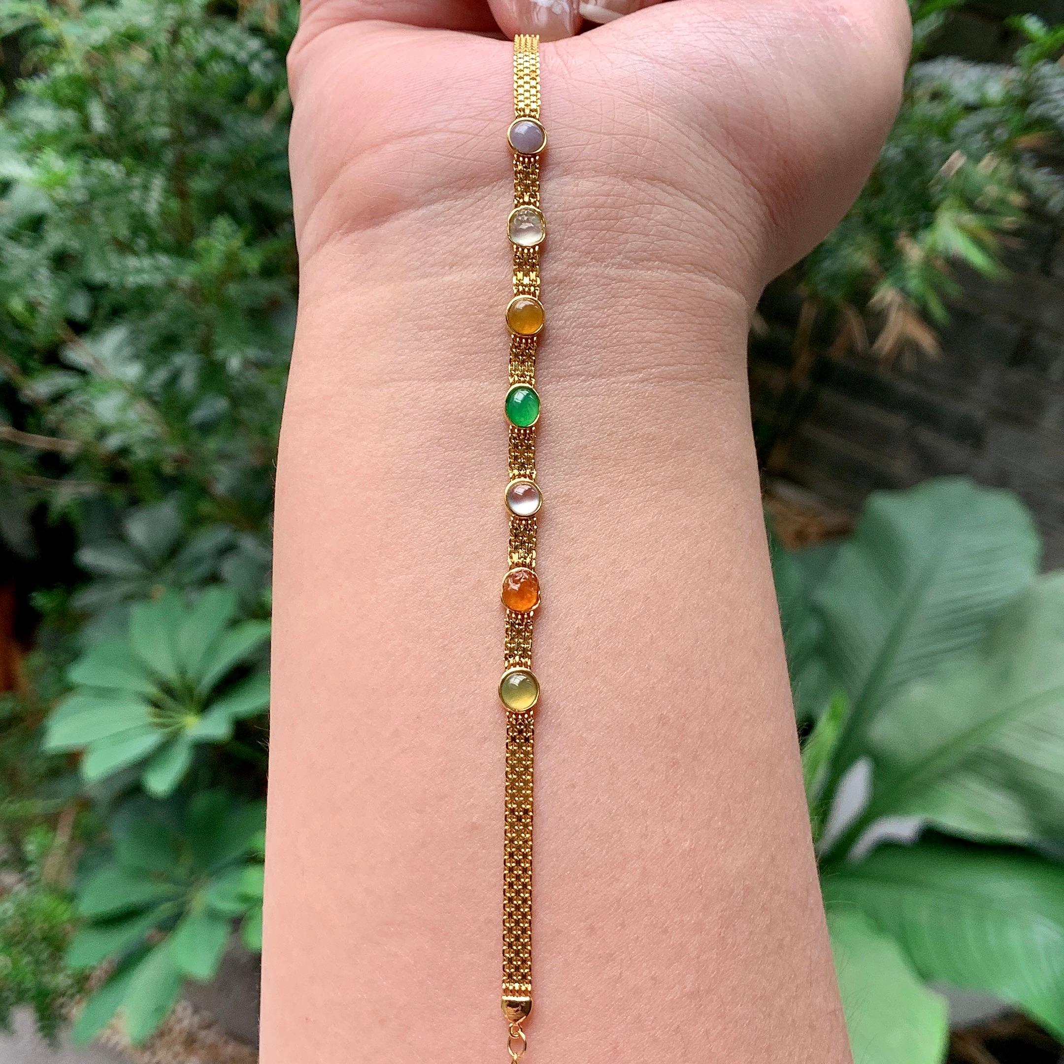 18K金镶糯冰种多彩蛋面手链 天然缅甸A货翡翠（yc392752）
