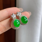 铜托糯冰满绿翡翠蛋面耳饰（yc246170）