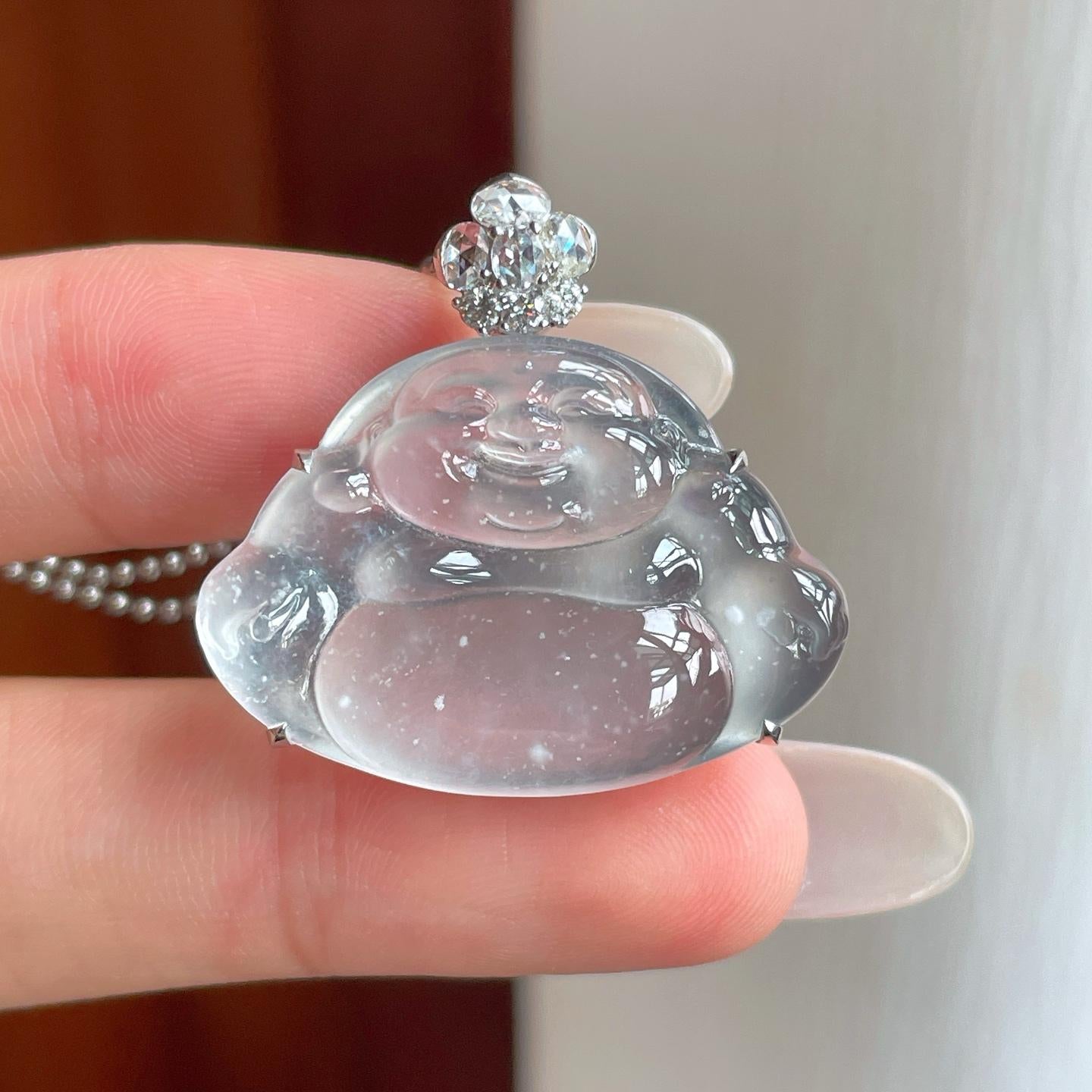 18k金钻镶冰玻种无色翡翠佛公（yc263545）