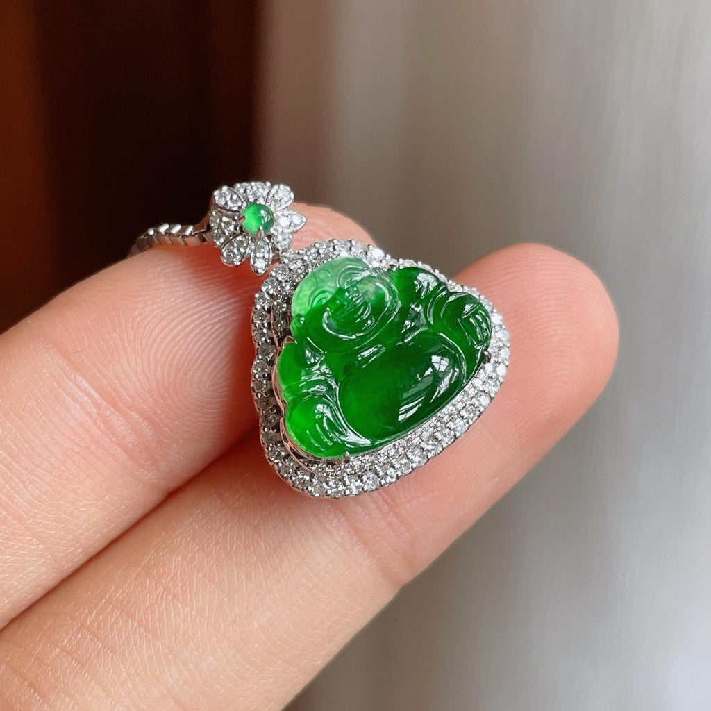 18k金镶冰种满绿翡翠佛公（yc247657）