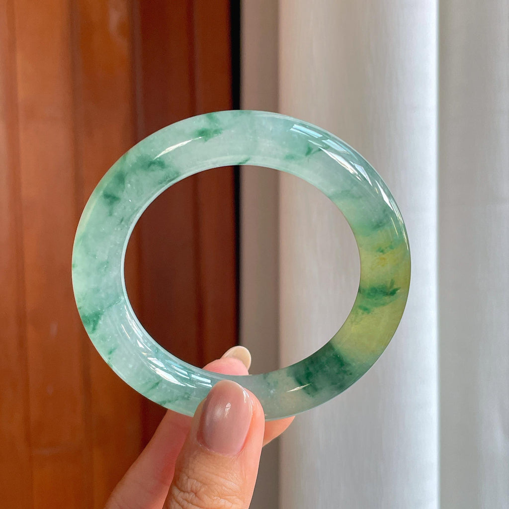 冰种飘花带黄翡翡翠圆条手镯（56mm）（yc402793）